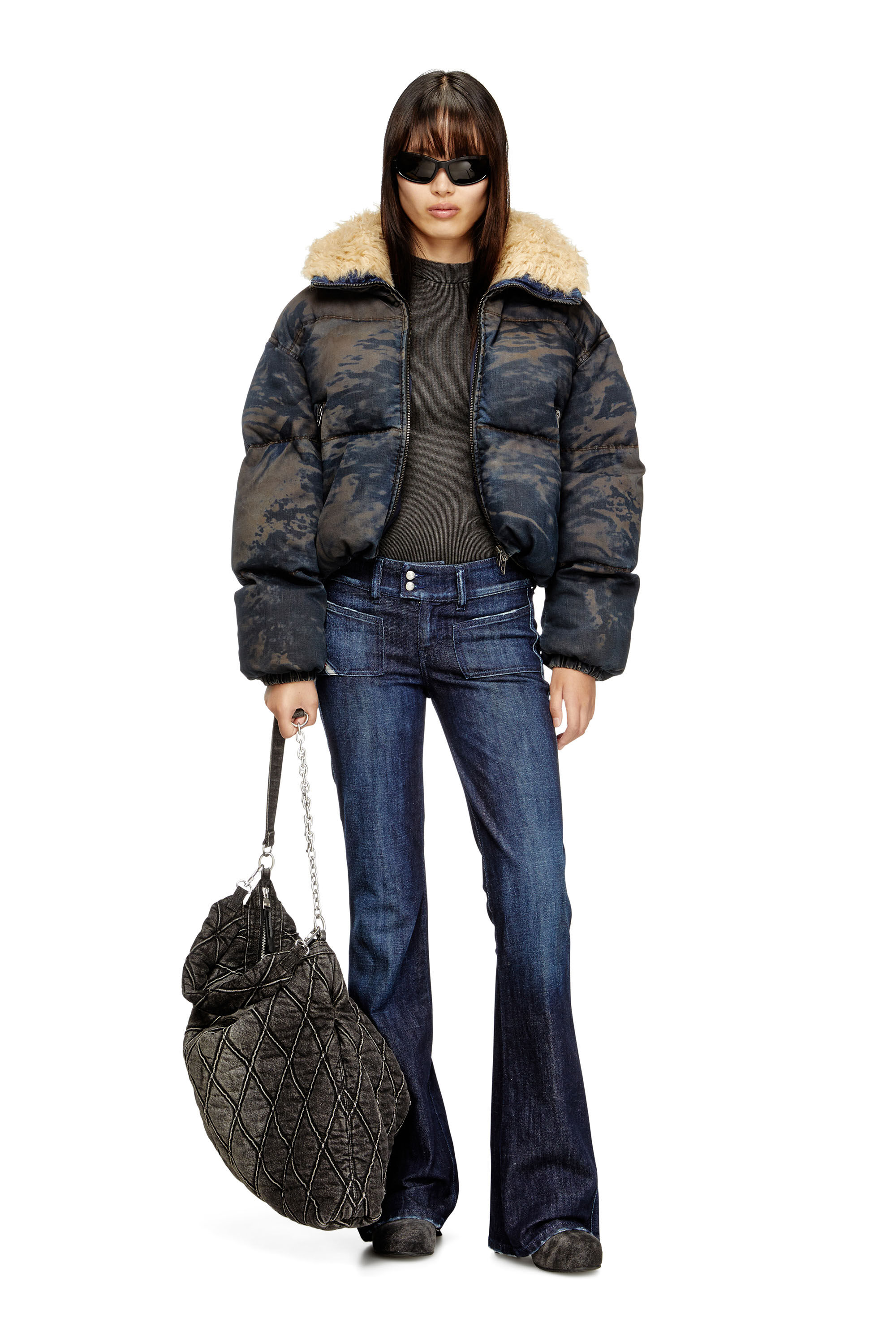 Diesel - W-AVES-FUR, Piumino con cappuccio in denim camouflage effetto dirt Donna in Multicolor - 1