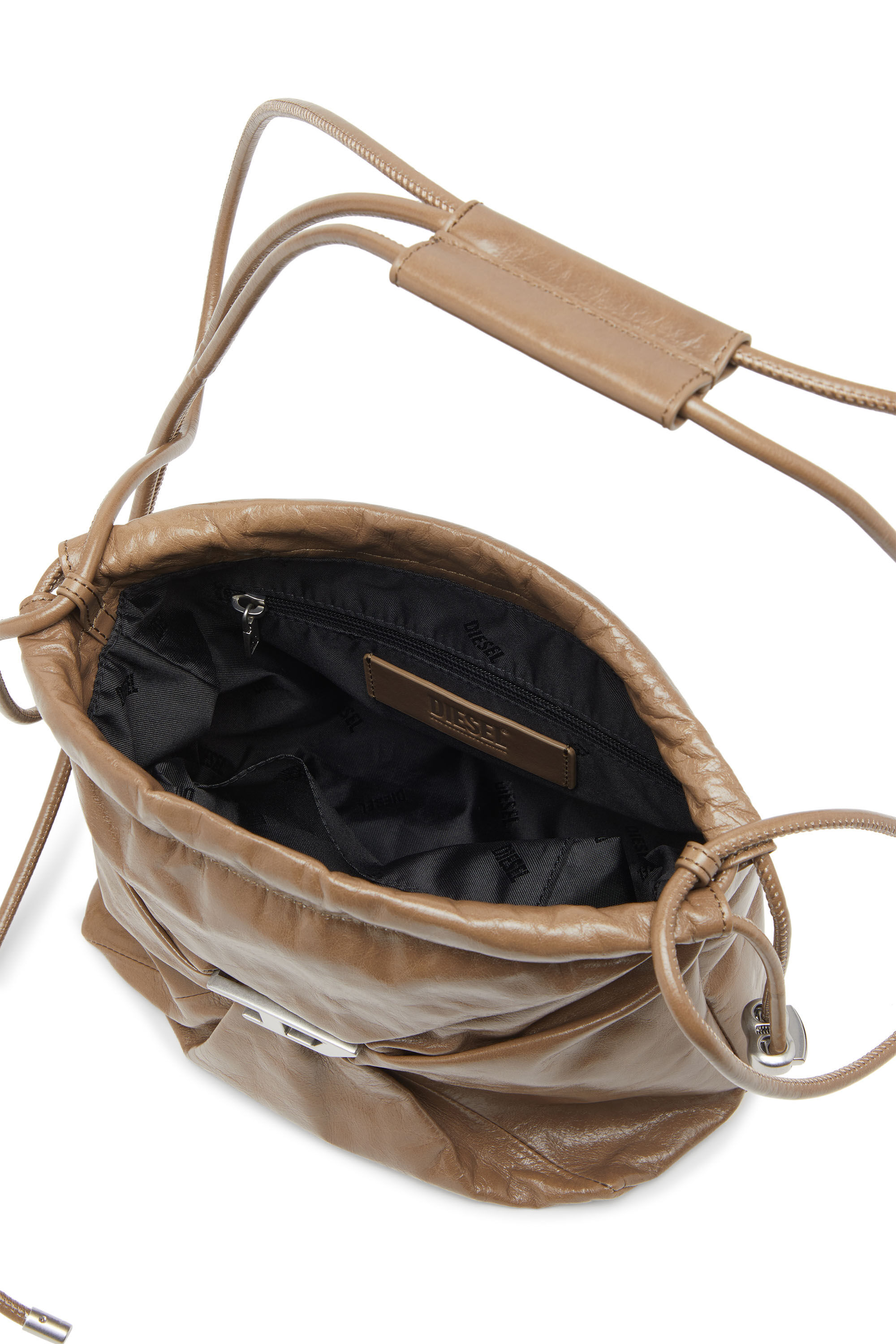 Diesel - SCRUNCH-D BUCKET, Scrunch-D-Borsa bucket in pelle lucida stropicciata Donna in Marrone - 5