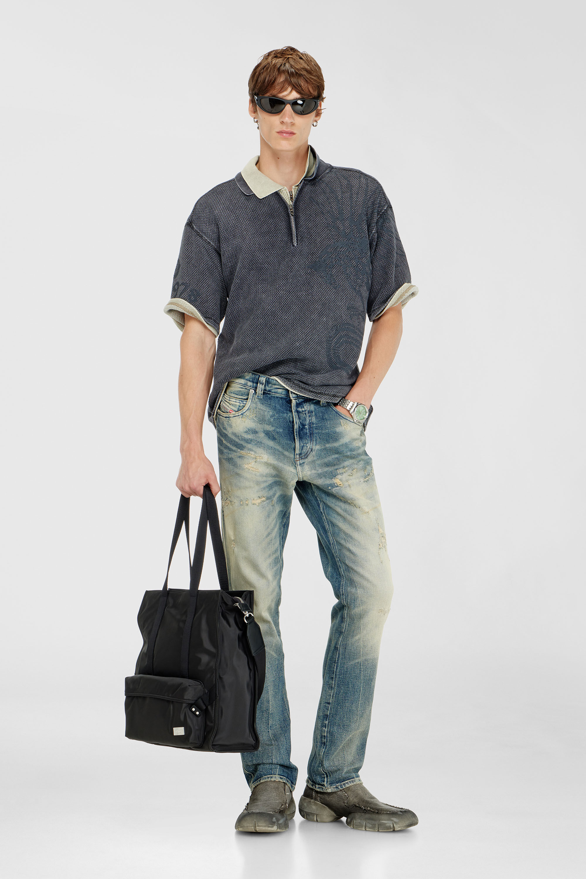 Diesel - T-ERRY-ZIP, Polo en mesh jacquard avec imprim&eacute; Phoenix Homme in Gris - 1