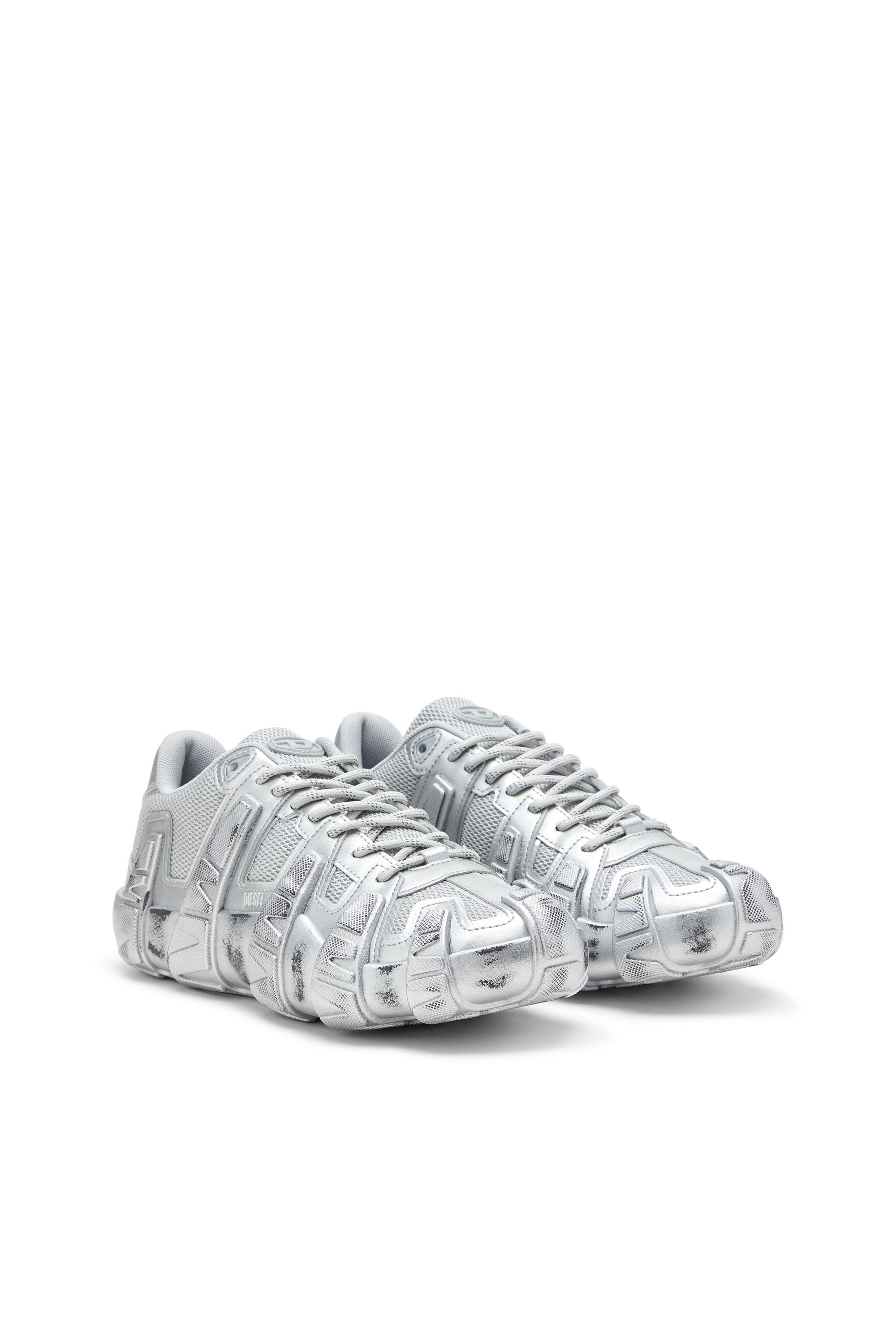 Diesel - S-D-GRIFFE LOW, Sneakers métalliques en mesh et PU Homme in Gris argenté - 2