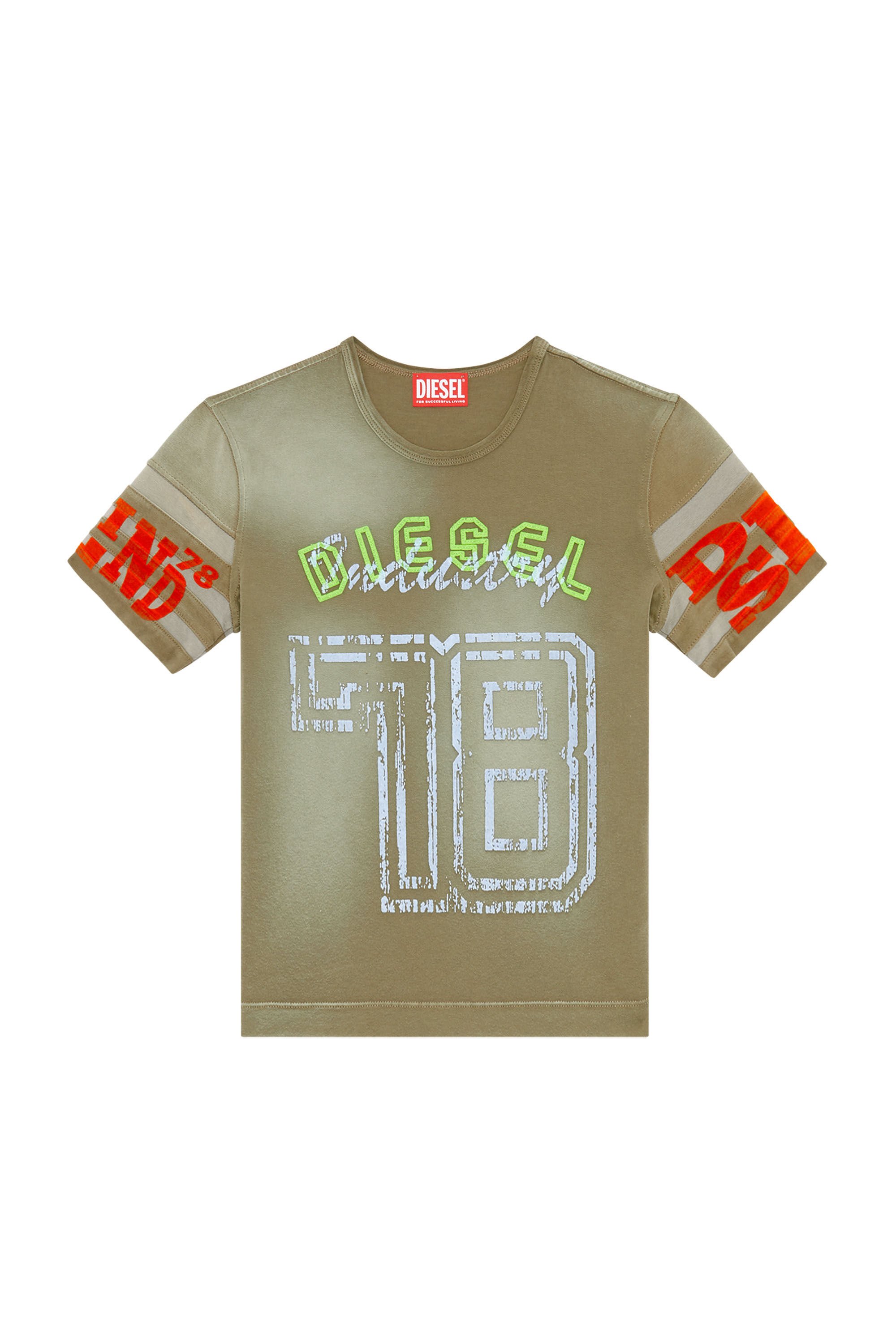 Diesel - T-UNCUSL, Femme T-shirt en jersey traité avec imprimés floqués in Marron - Image 2