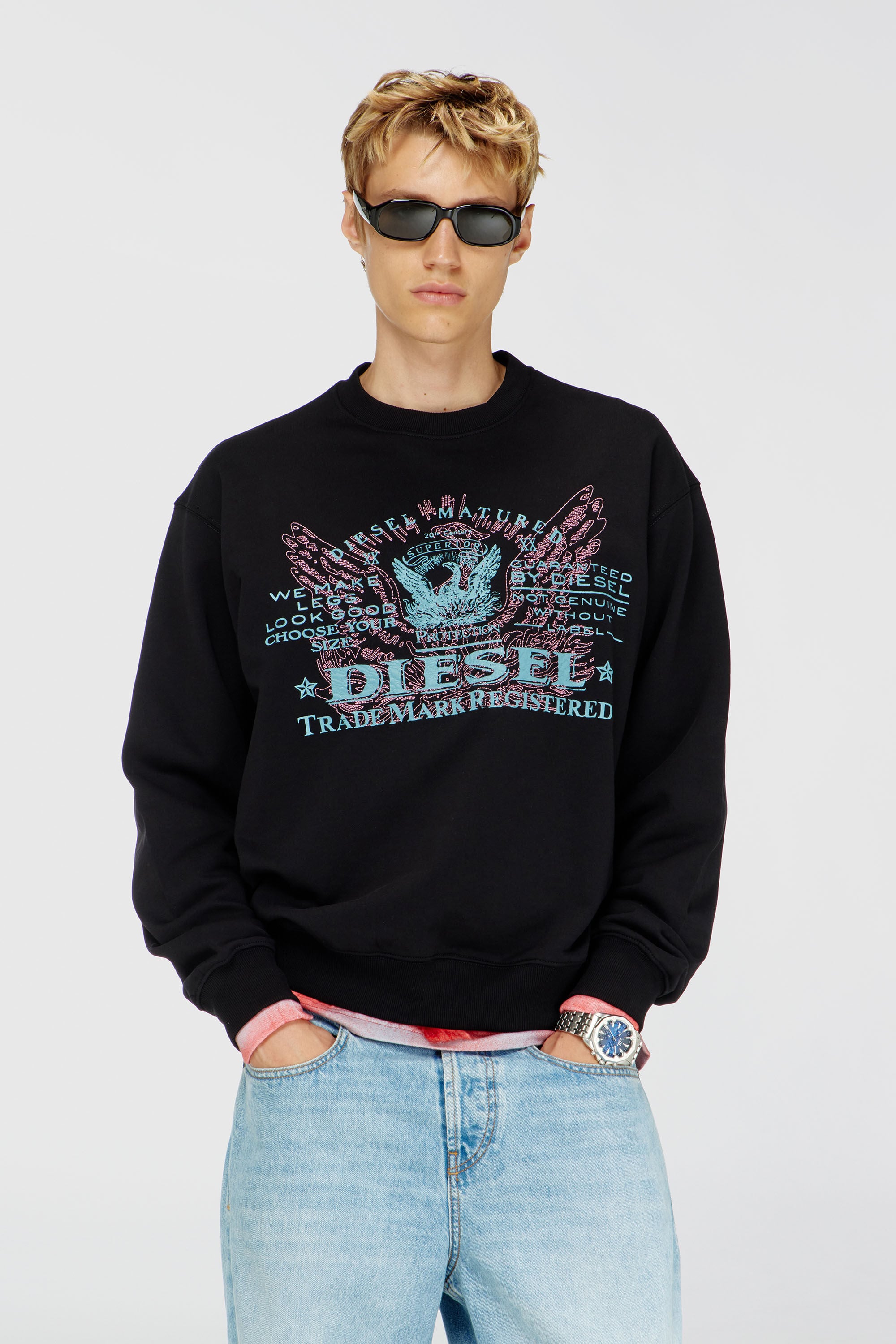 Diesel - S-LUK-R-FEN-T92, Felpa in cotone con stampa grafica Uomo in Nero - 3