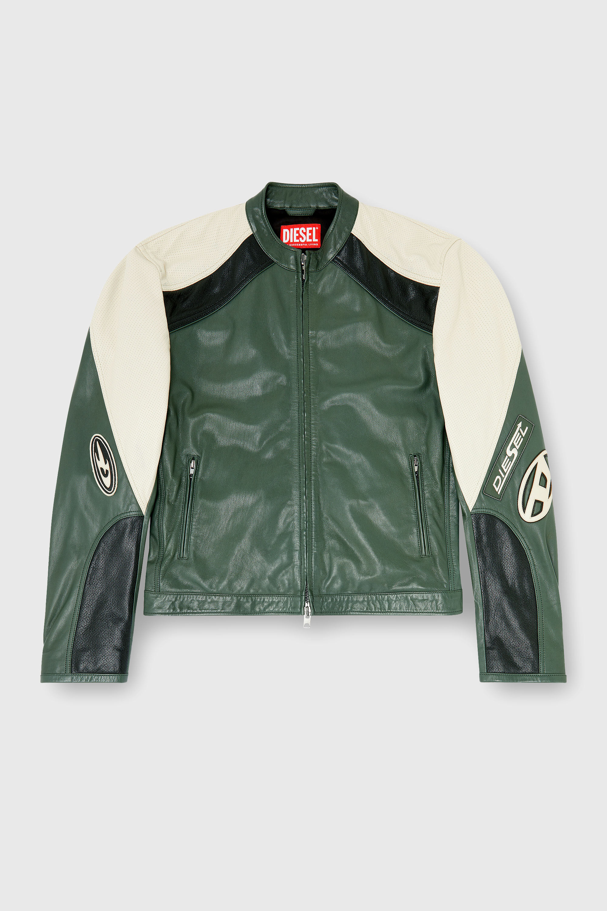 Diesel - L-AHTI, Herren Bikerjacke aus perforiertem Colour-Block-Leder in Beige/Schwarz - 2
