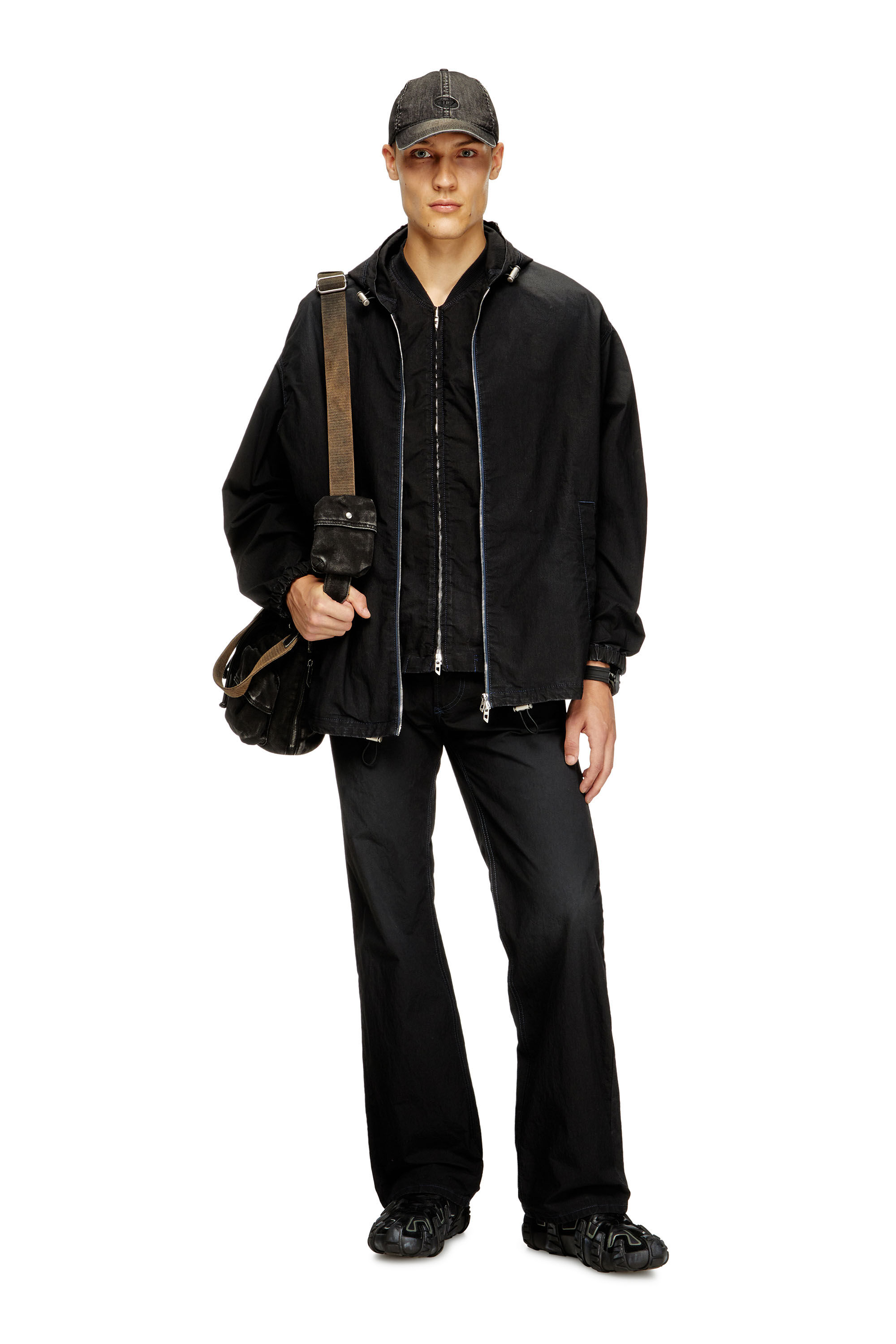 Diesel - D-WYNNY JOGG, Herren Technische Jacke aus JoggJeans mit Kapuze in Schwarz/Dunkelgrau - 1