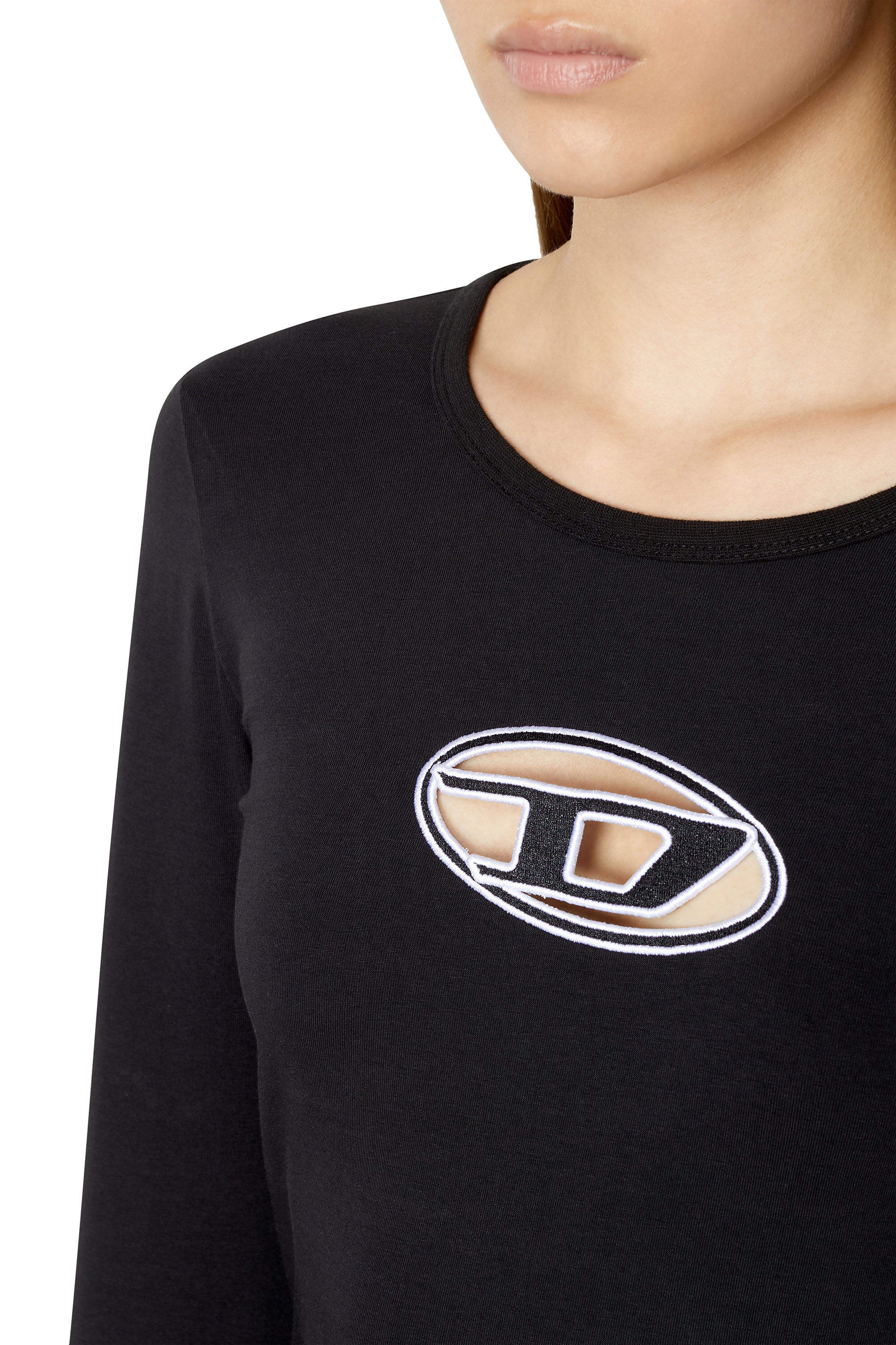Diesel - T-ANGIE-LS, T-shirt a maniche lunghe con logo cut-out Donna in Nero - 6