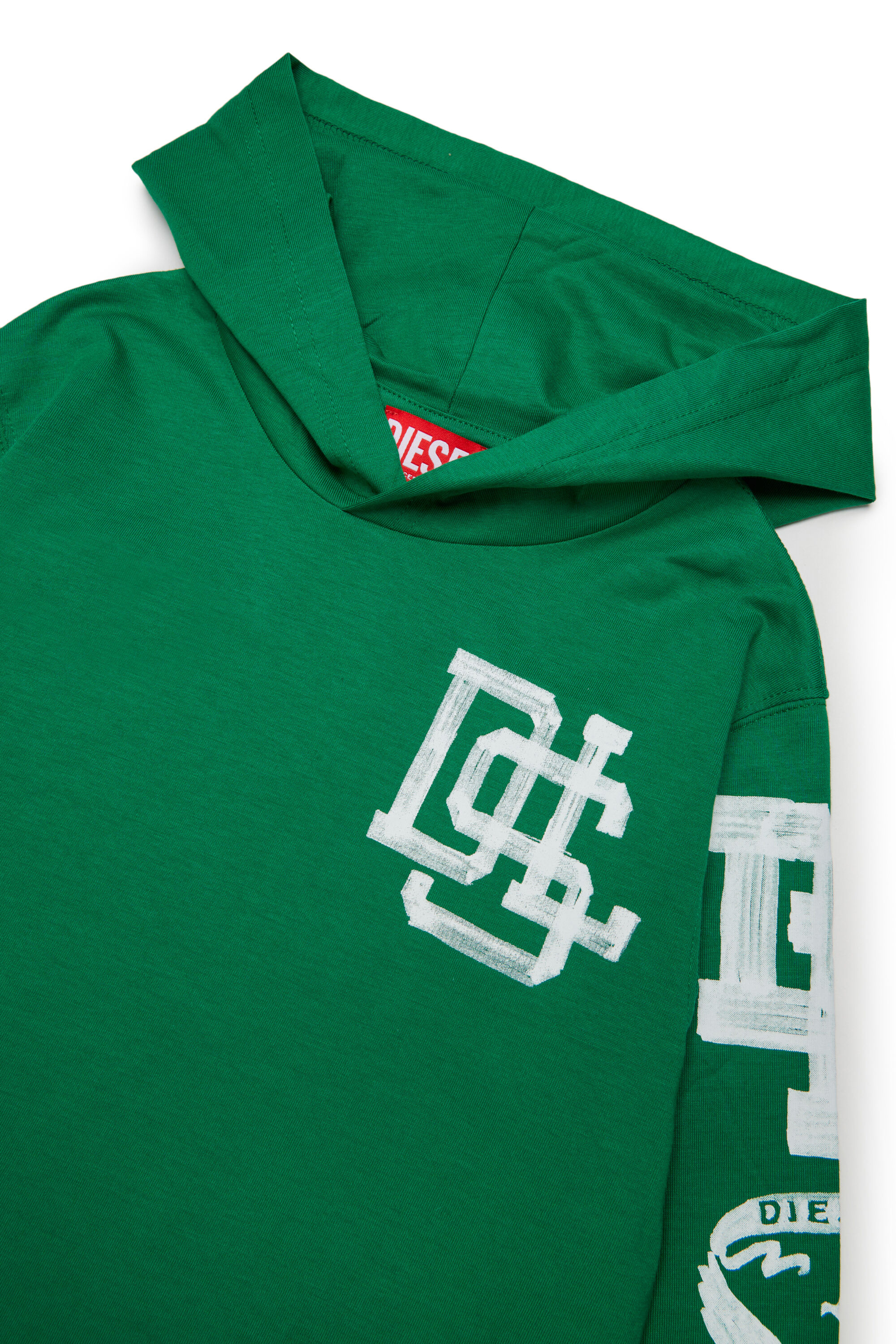 Diesel - TBUNDY OVER, T-shirt &agrave; capuche manches longues avec graphismes varsity Homme in Vert - 3