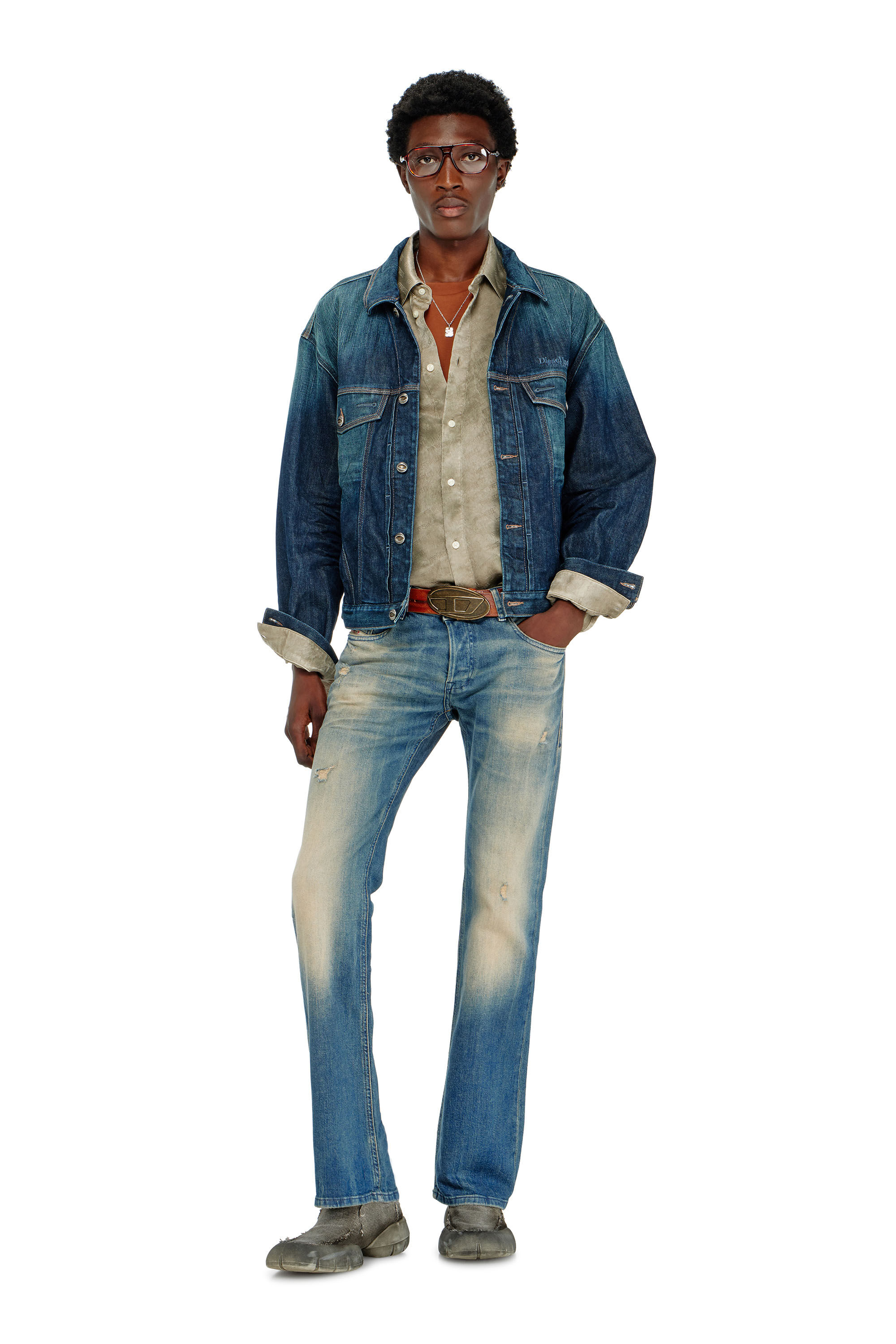 Diesel - S-KISSY-HNBW, Camicia in raso crinkle jacquard con logo Uomo in Marrone - 1