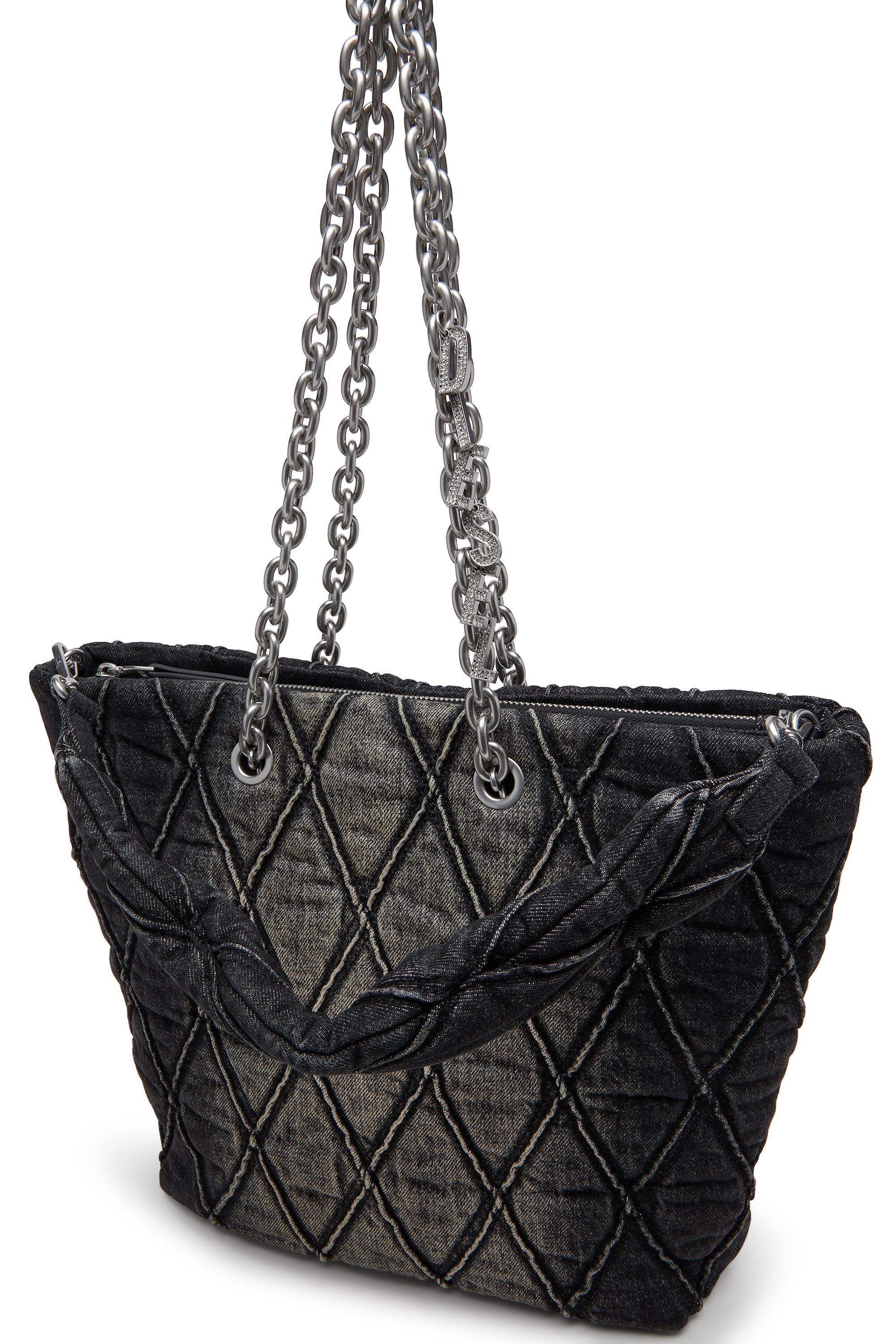 Diesel - CHARM-D SHOPPER M, Damen Charm-D-Tote Tasche aus gestepptem Denim in Schwarz - 5