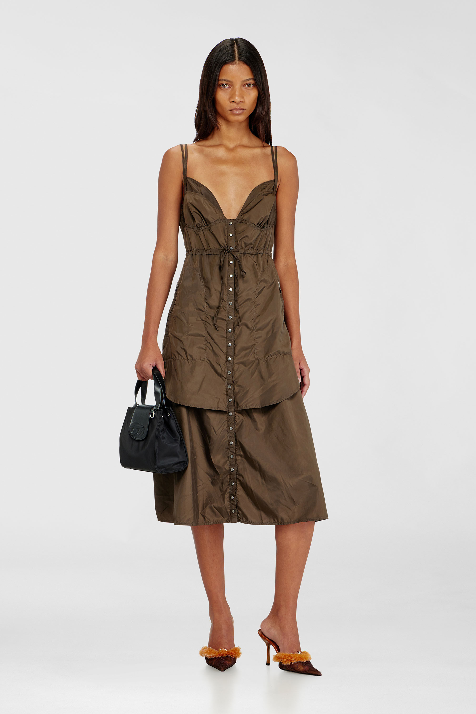 Diesel - D-OROTEA-T1, Robe en nylon l&eacute;ger &agrave; effet superpos&eacute; Femme in Marron - 1