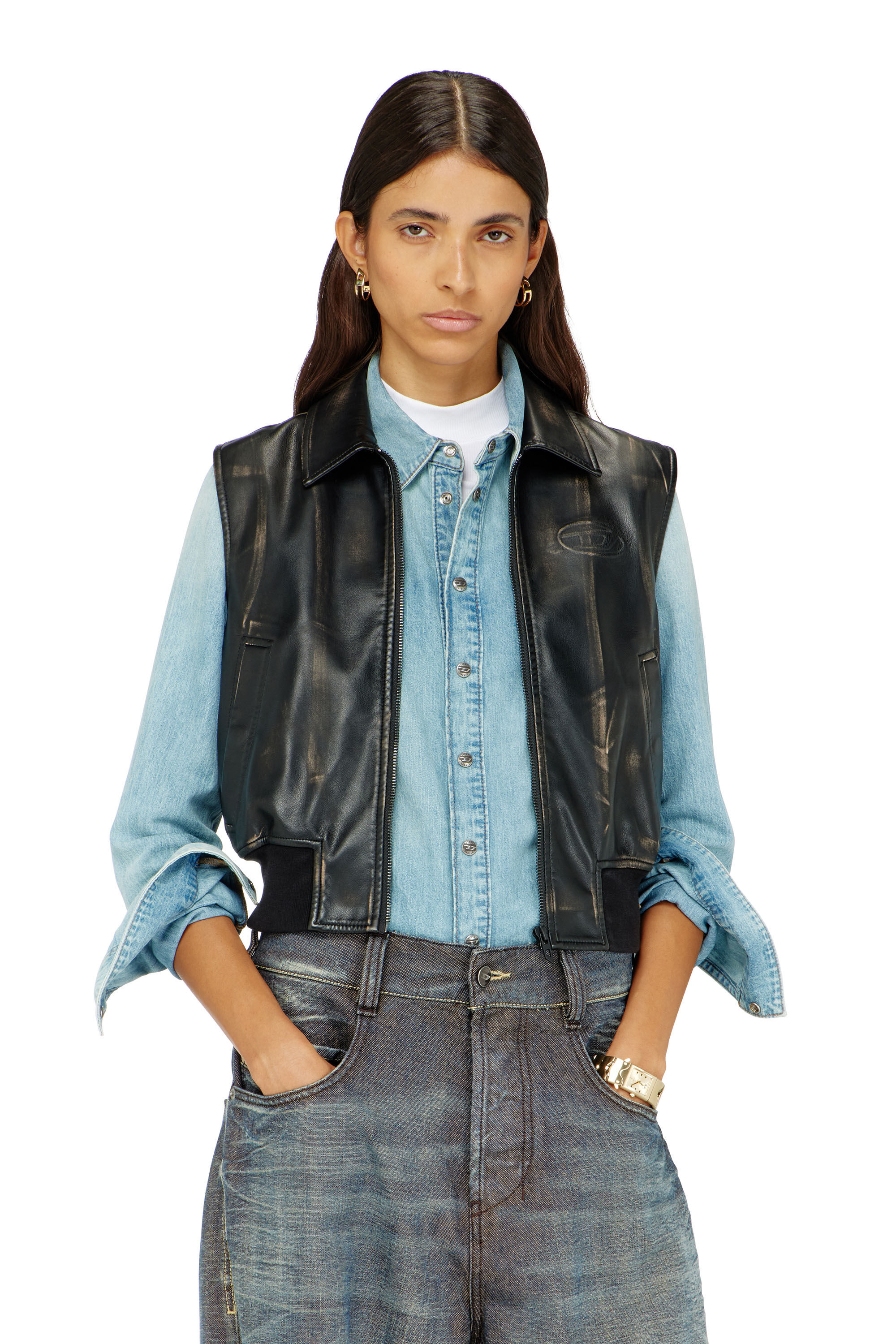 Diesel - G-INKO, Gilet bomber con effetto distressed Donna in Marrone - 3