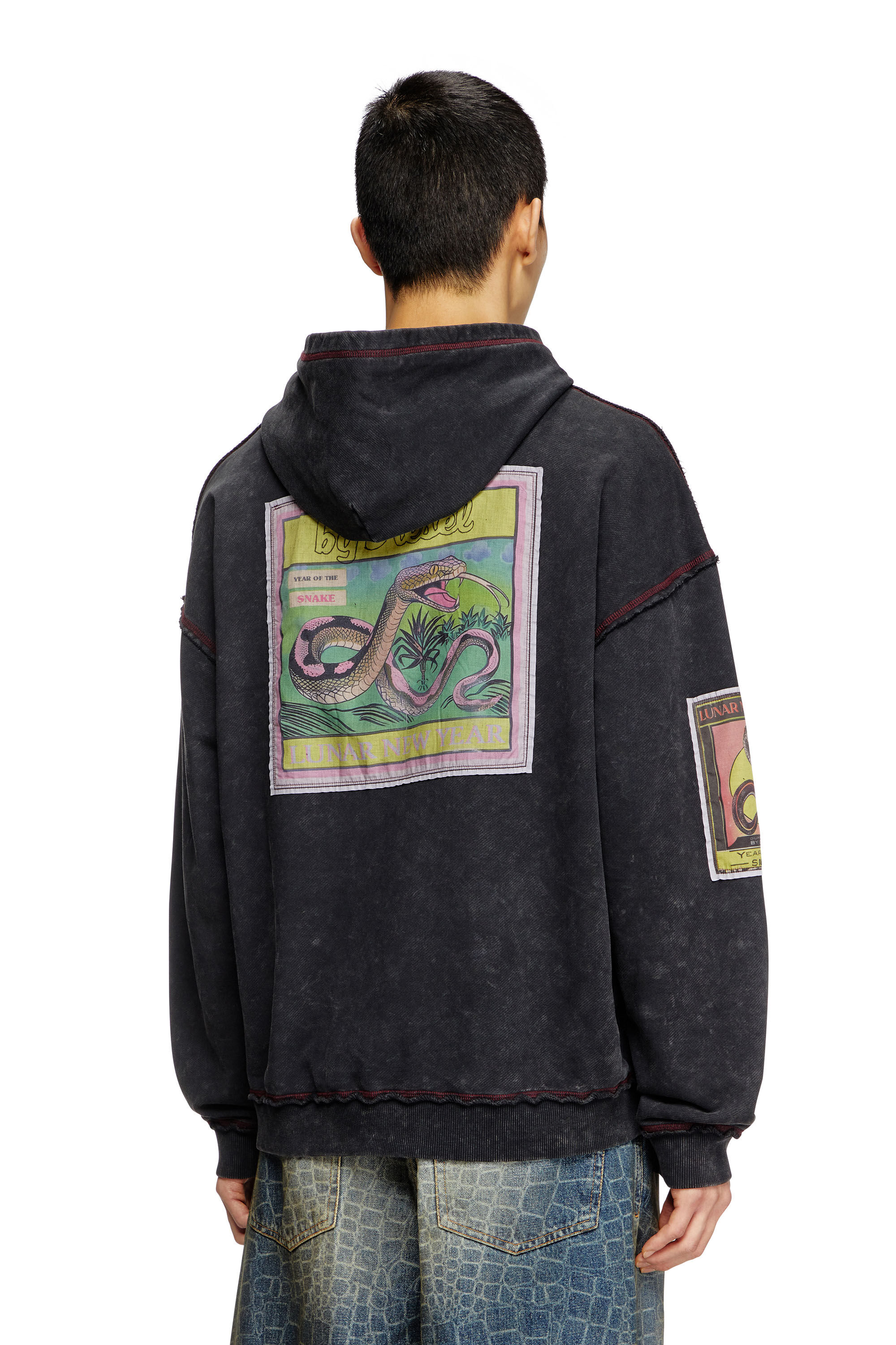 Diesel - CL-S-BOXT-HOOD-SNAKE, Sweat-shirt à capuche traité avec empiècements serpent Mixte in Noir - 4