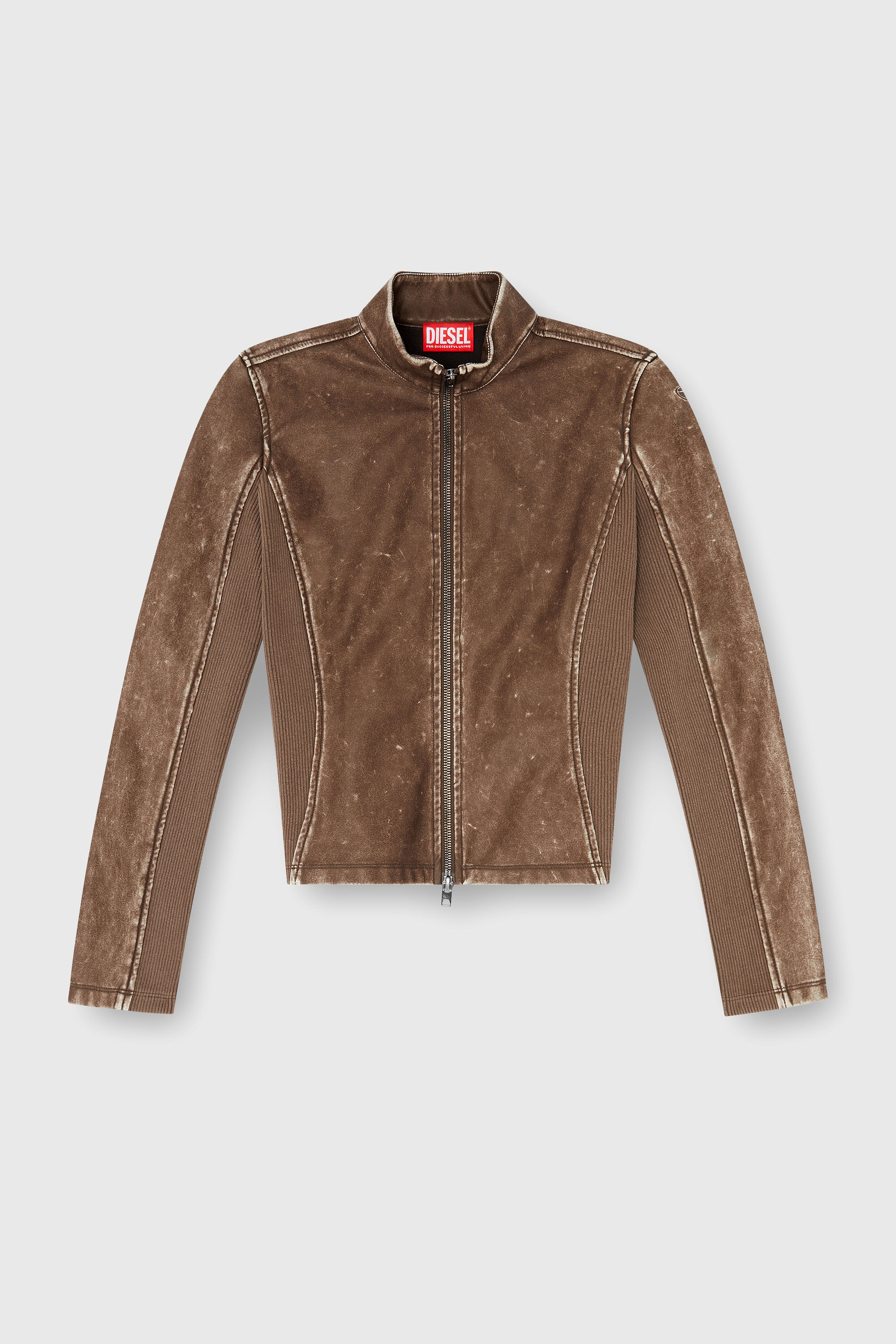 Diesel - T-HUNDER, Woman's Biker jacket with rib-knit inserts in Brown - 2