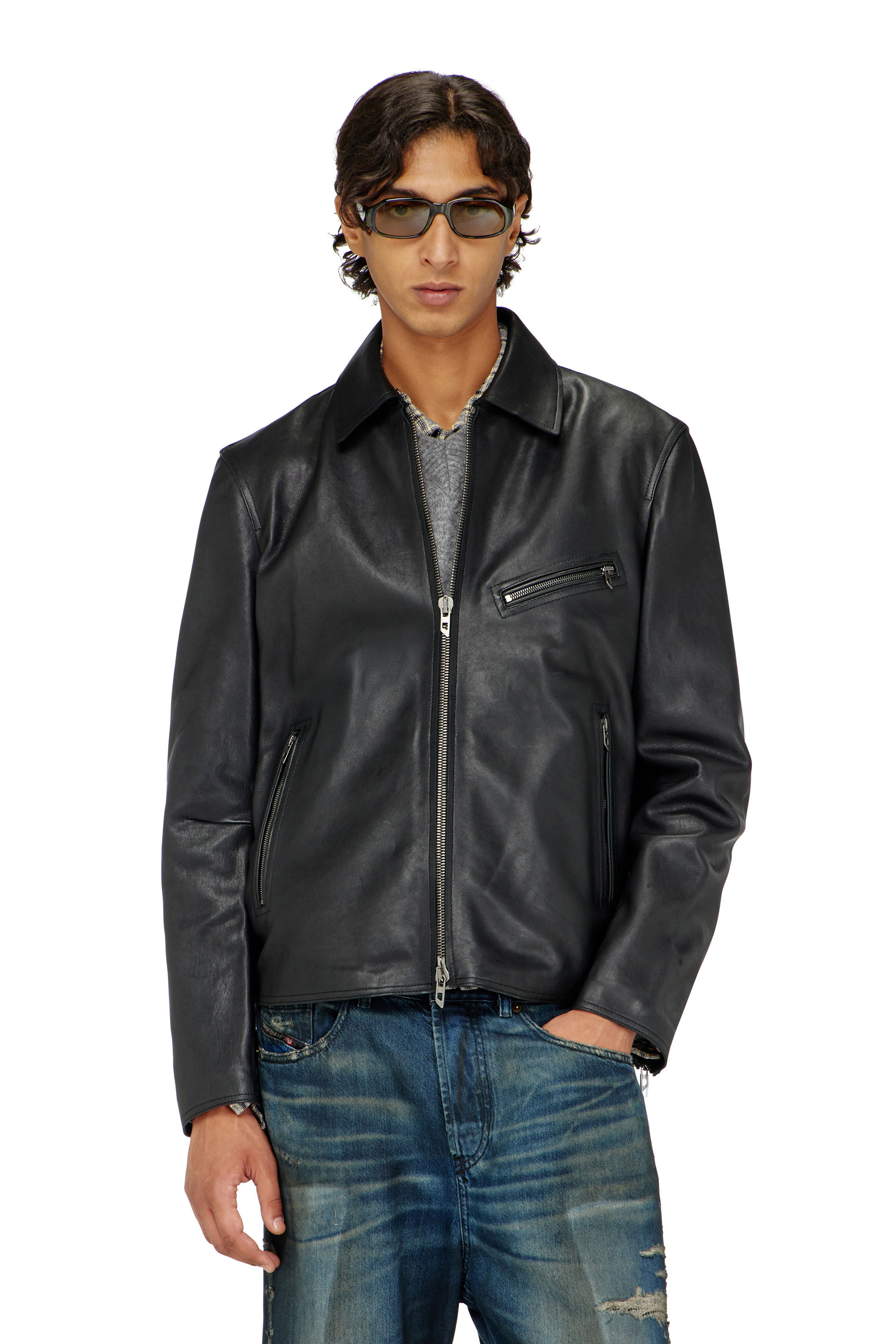 Diesel - L-KORN-A, Veste en cuir avec Oval D emboss&eacute; Homme in Noir - 3