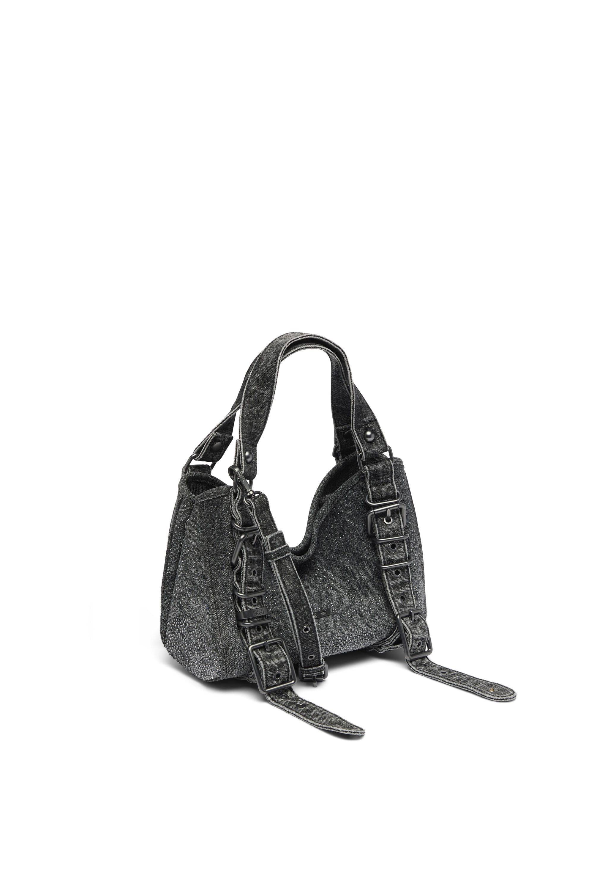 Diesel - D-ONE TOPHANDLE S, Damen D-One-Small Henkeltasche aus solarisiertem Denim mit Kristallen in Schwarz - 4