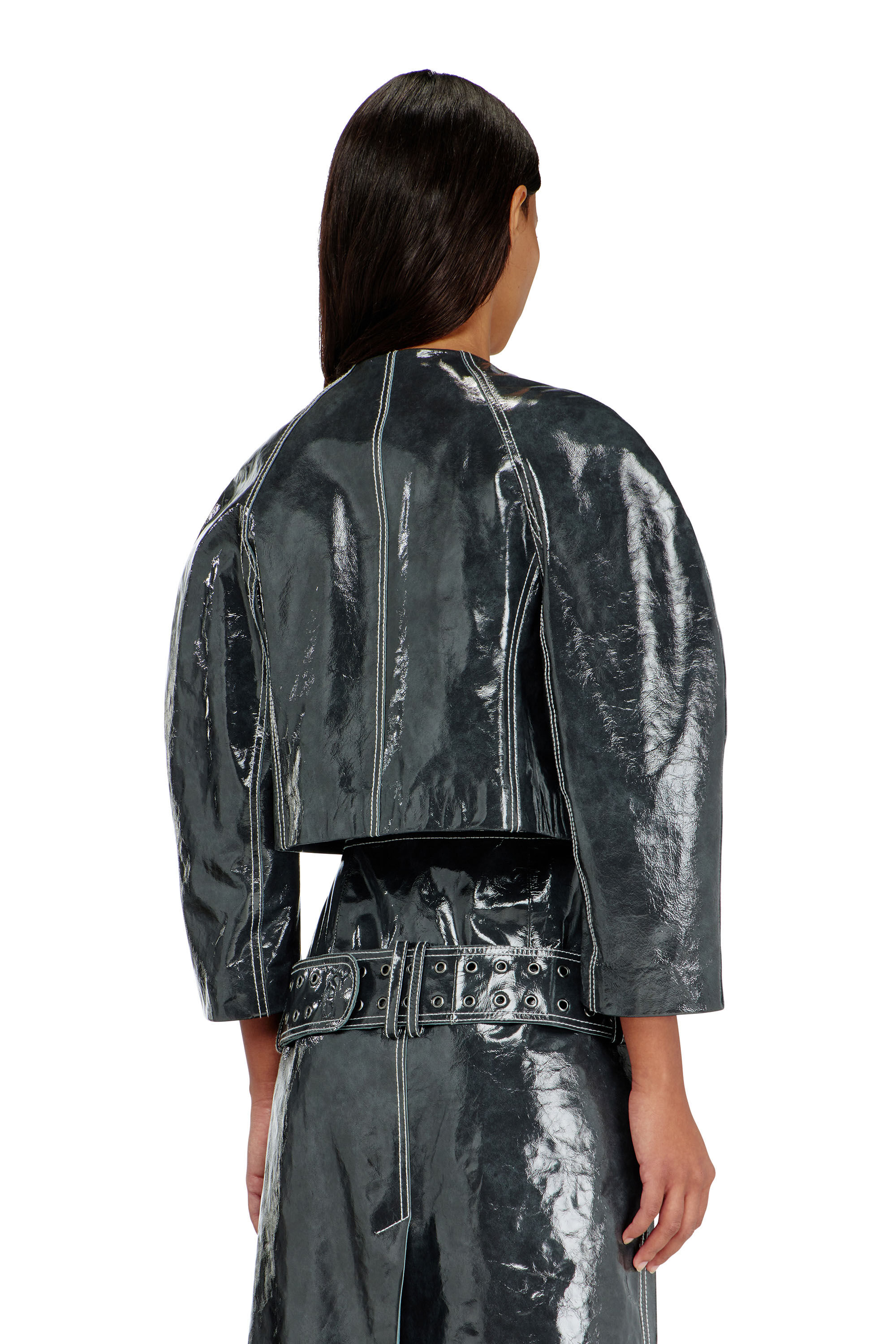 Diesel - L-ANDON, Damen Patent-leather jacket mit Cocoon-&Auml;rmeln in Dunkelgrau - 4