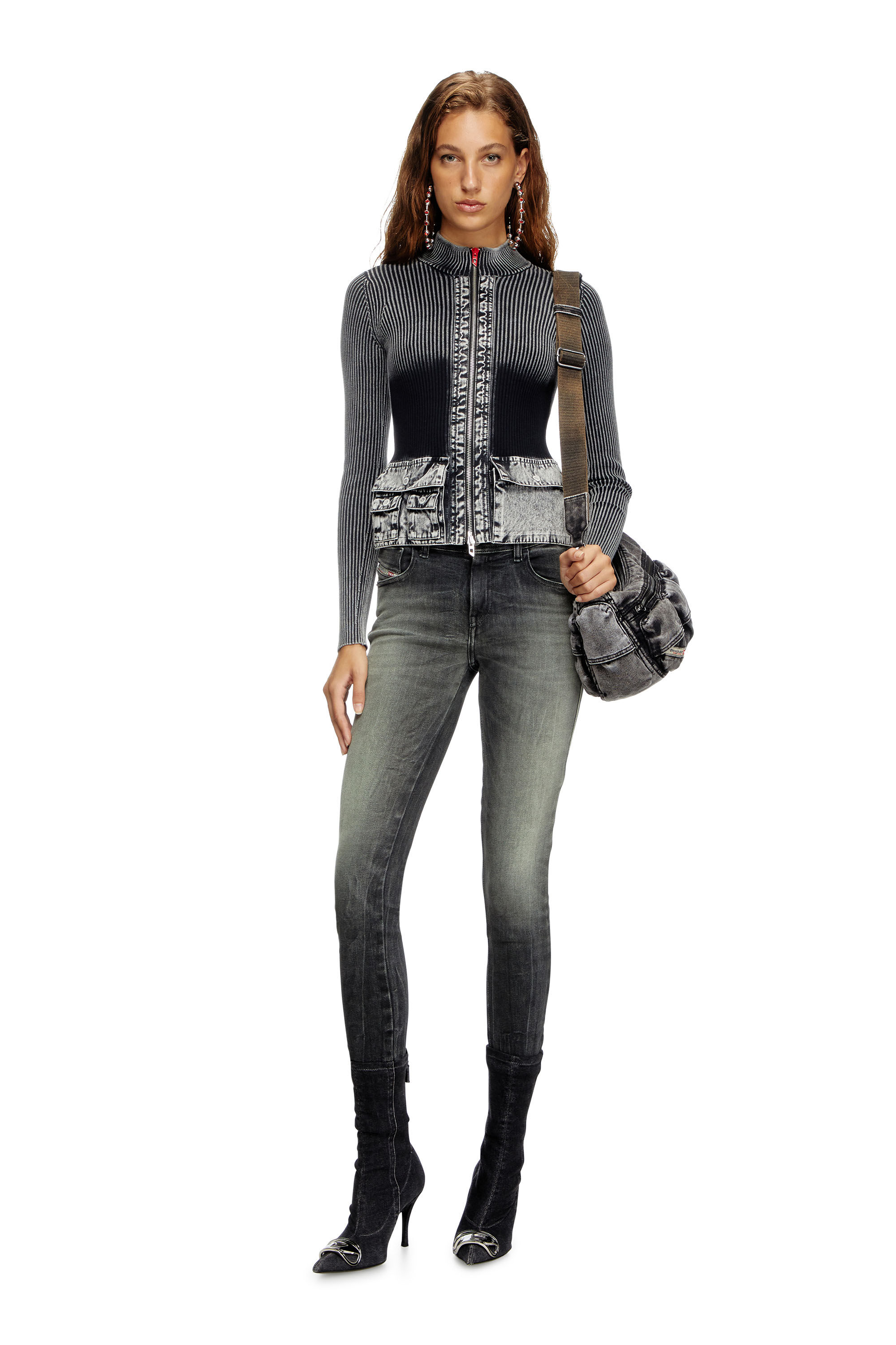 Diesel - M-MELISSA, Cardigan zippé avec poches cargo en denim Femme in Gris - 1