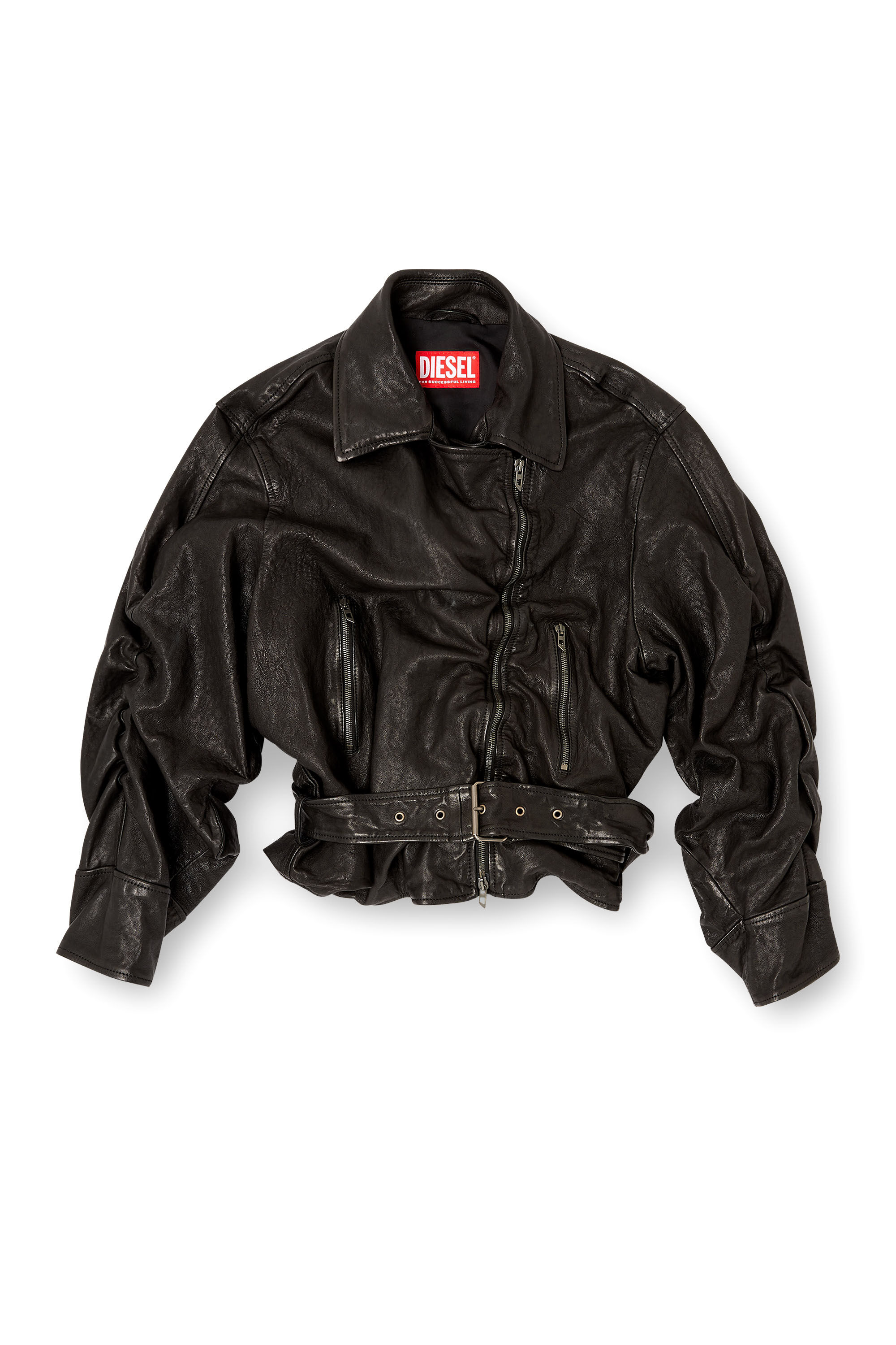 Diesel - L-OYS, Veste à ceinture en cuir bouilli Femme in Noir - 2