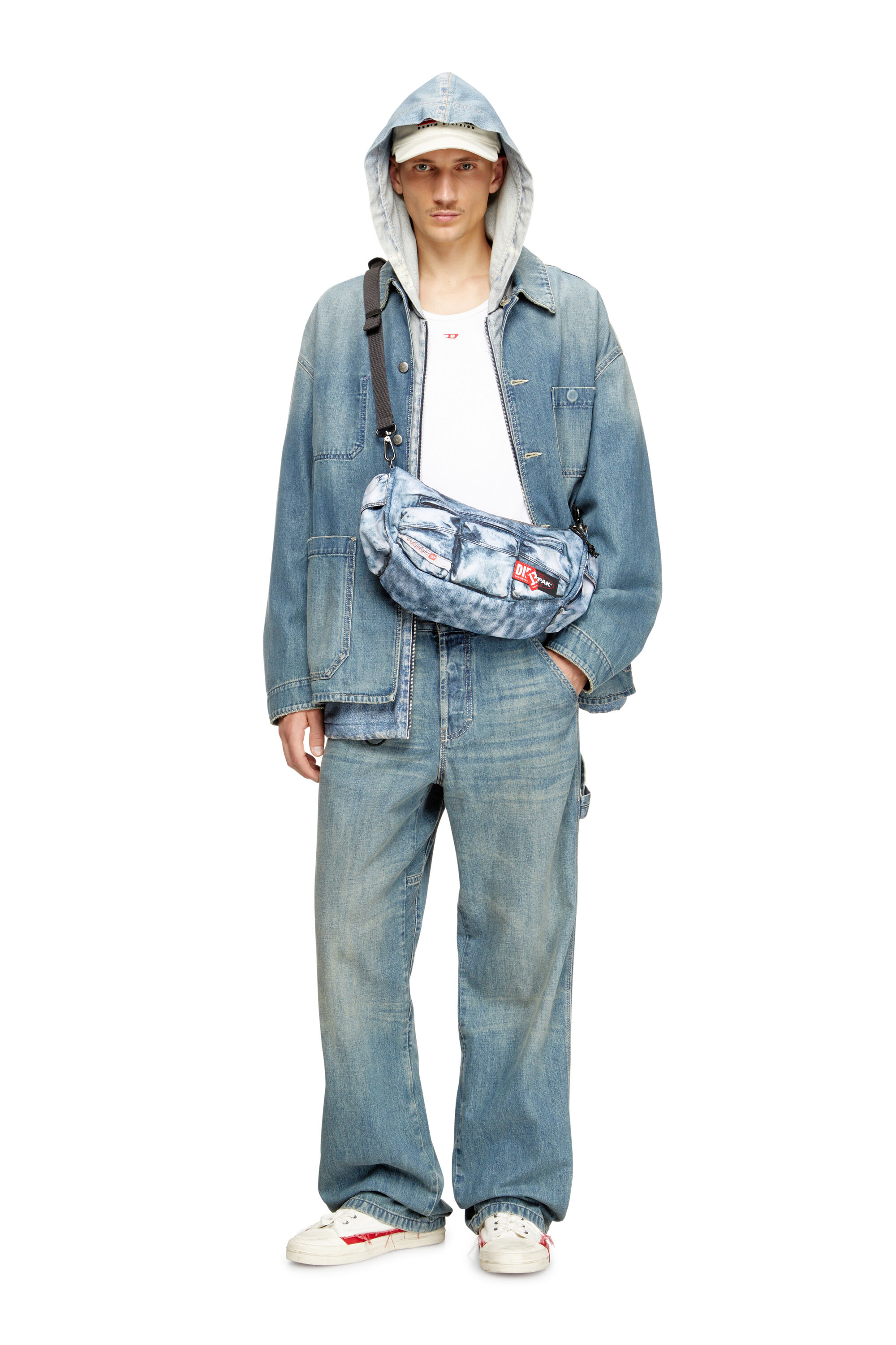Diesel - DIESEL SHOULDER BAG, Sac à poches multiples en denim trompe-l'œil Mixte in Bleu - 5
