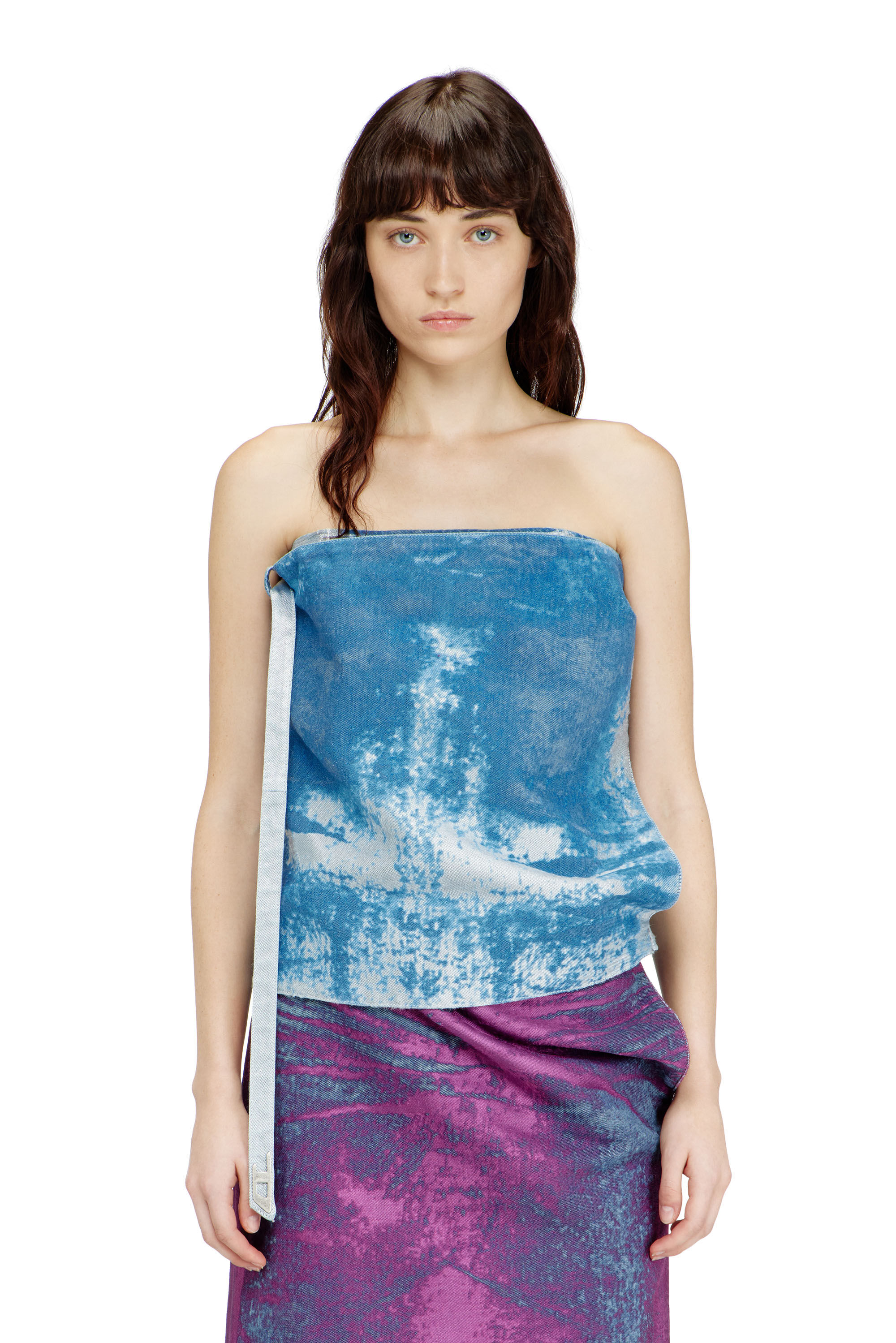 Diesel - DE-SANDIE-FSI, Top smanicato in satin denim colorato Donna in Blu - 3