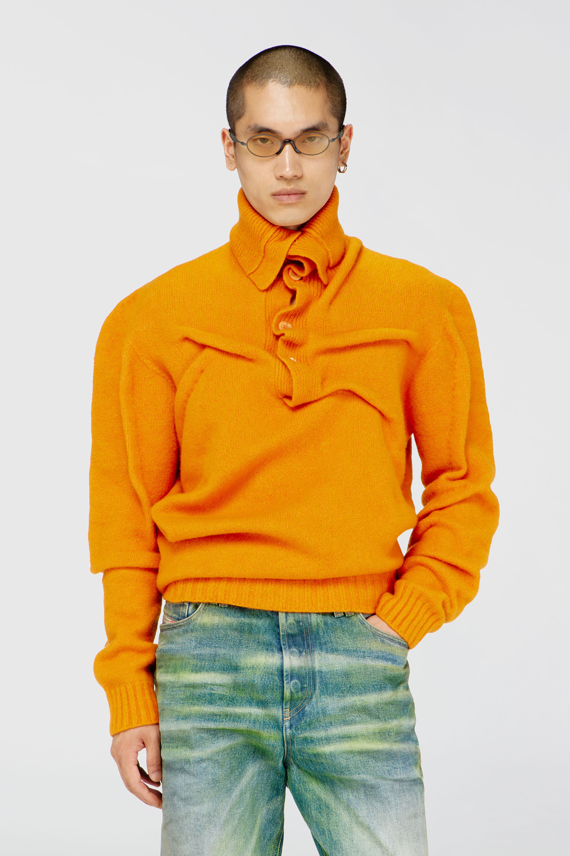 Diesel - K-ANDREW, Herren Pullover mit Knopfleiste aus gekochtem, geknittertem Strick in Orange - 3