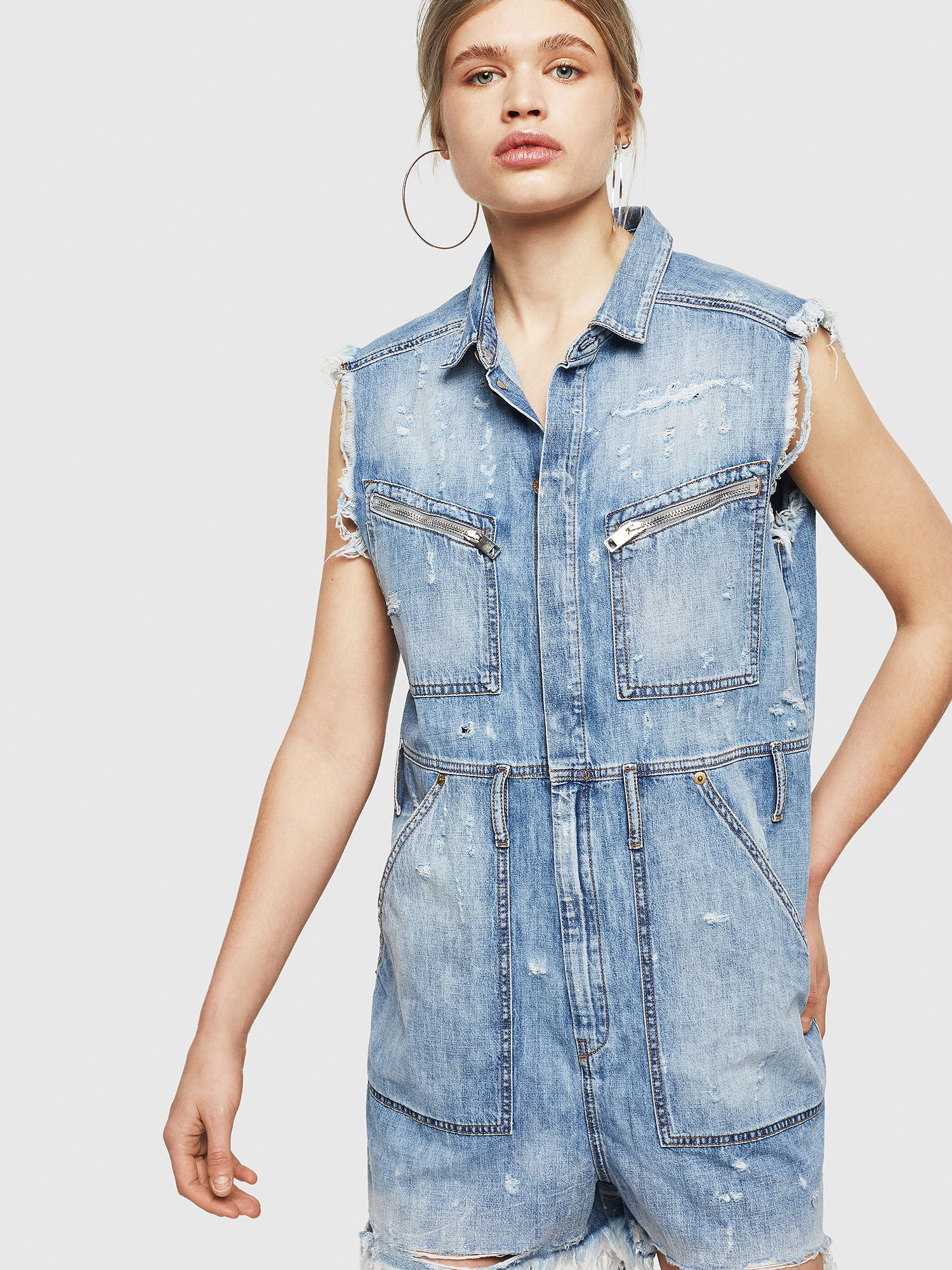 Destroyed denim jumpsuit clearance