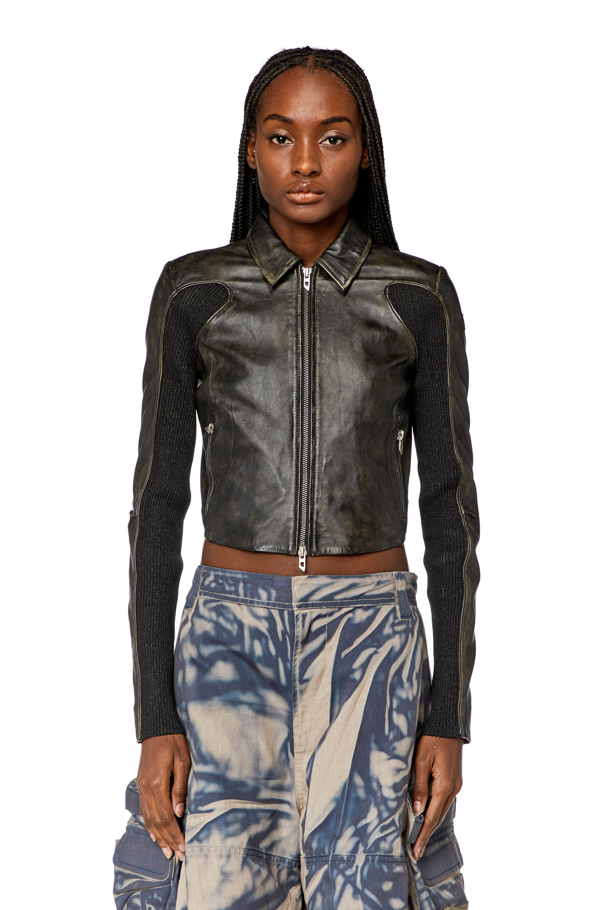 Gekürzte Distressed-Lederjacke für Damen | Diesel