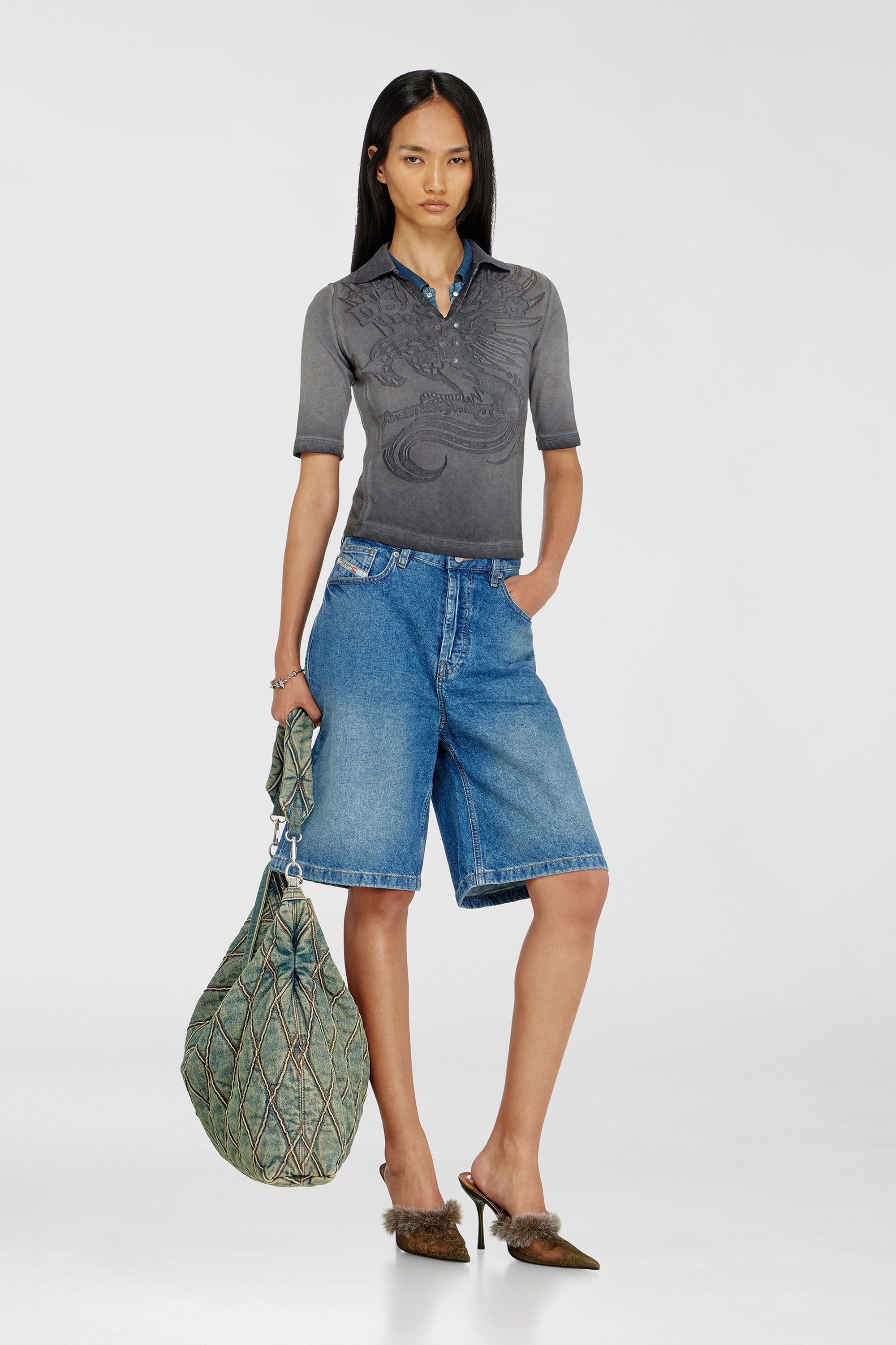 Diesel - T-BEA, Polo slim con stampa d&eacute;vor&eacute; Donna in Grigio - 1