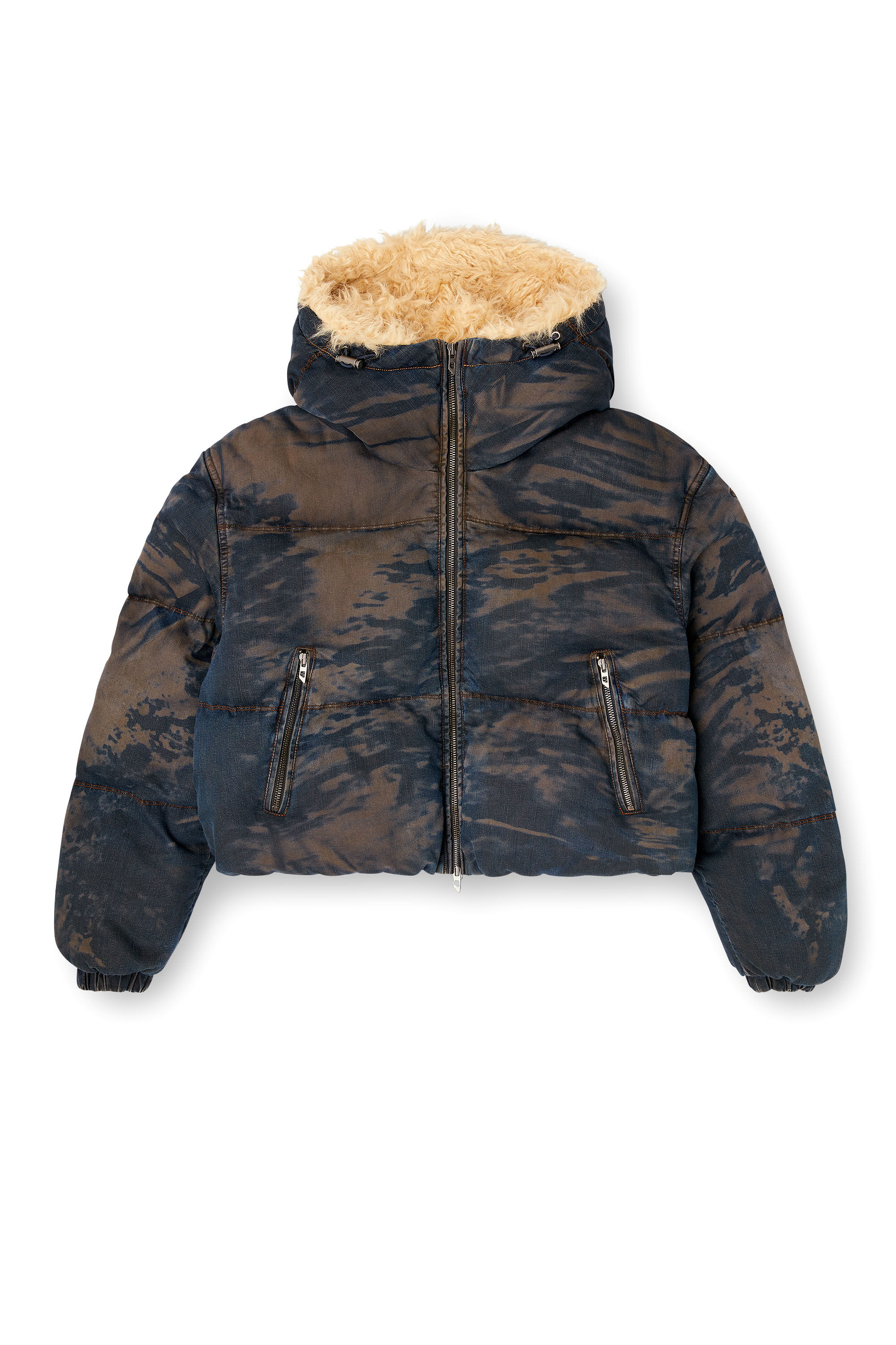 Diesel - W-AVES-FUR, Piumino con cappuccio in denim camouflage effetto dirt Donna in Multicolor - 2