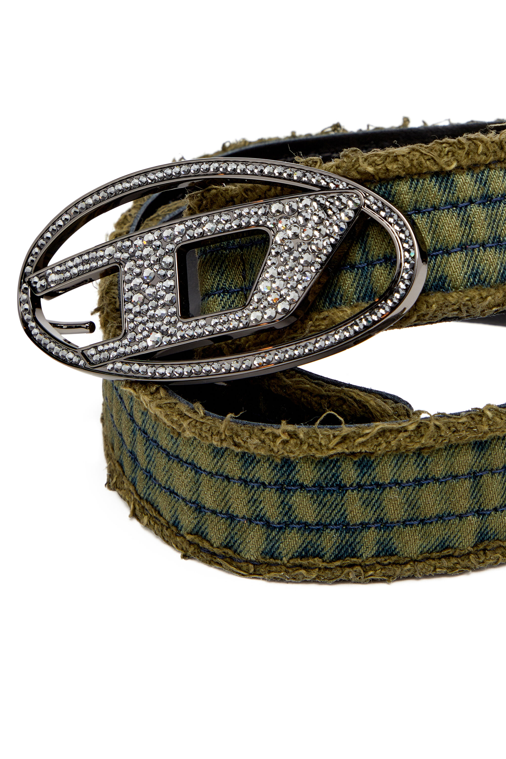 Diesel - B-1DR STRASS, Ceinture en denim et cuir avec boucle en cristal Femme in Vert - 3