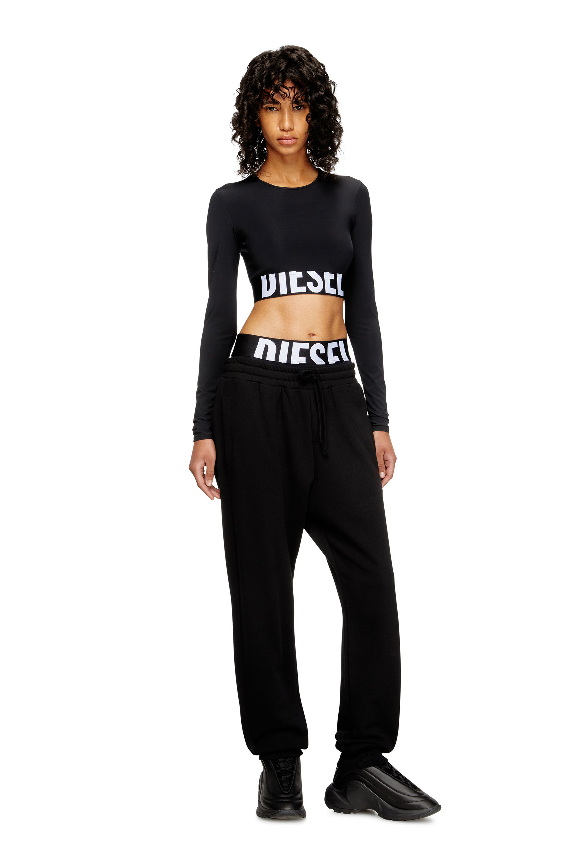 Diesel - MELISSA-D-POP, Crop top in microfibra con logo tagliato Donna in Nero - 1