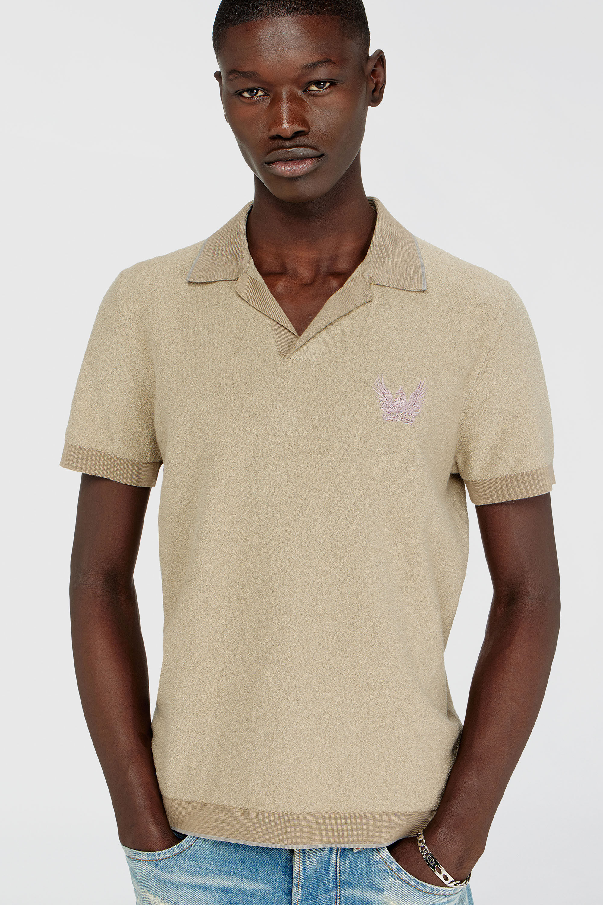 Diesel - K-RAILES, Polo en maille boucl&eacute; avec logo Phoenix Homme in Beige - 5