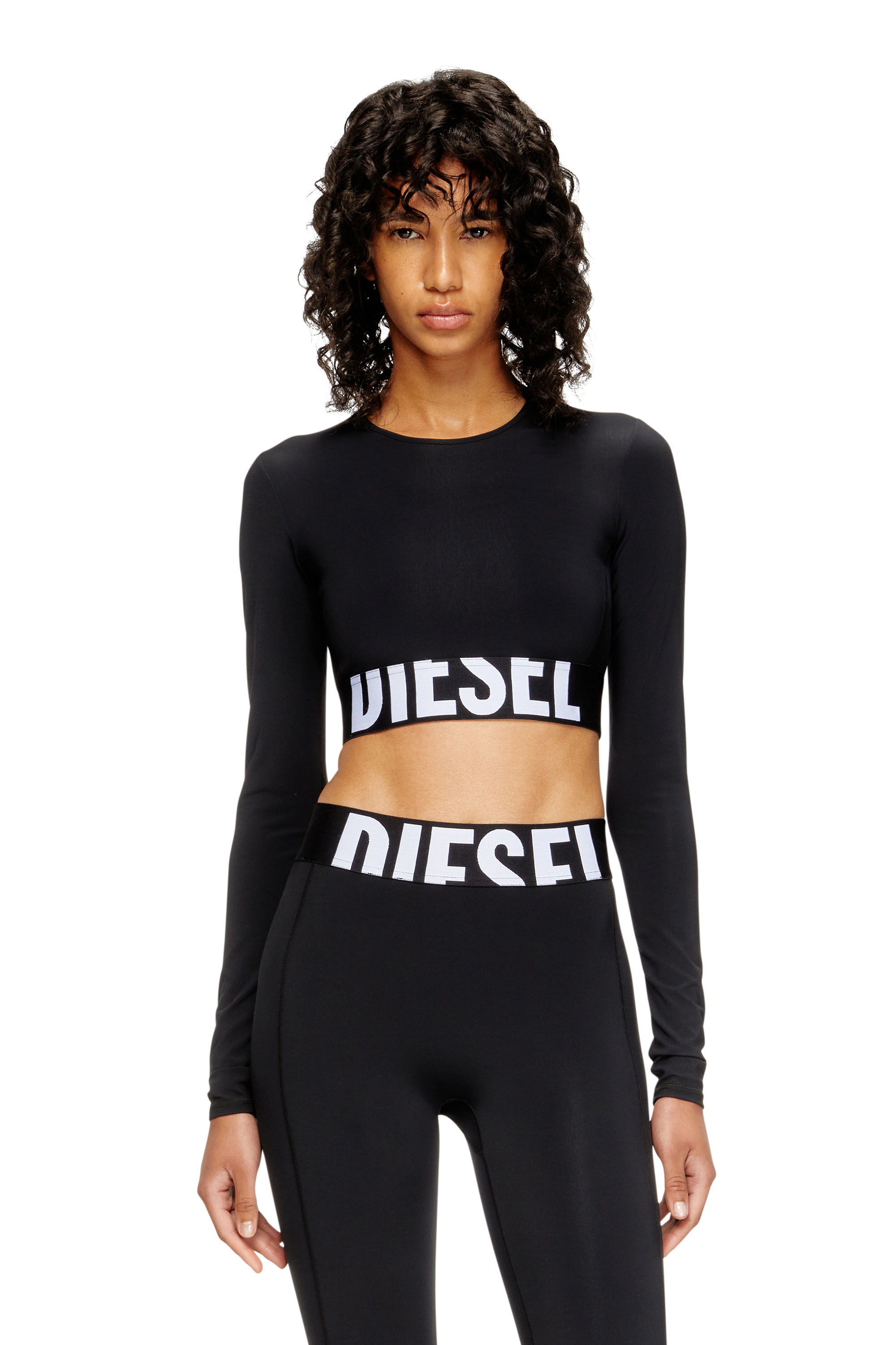 Diesel - MELISSA-D-POP, Crop top in microfibra con logo tagliato Donna in Nero - 3