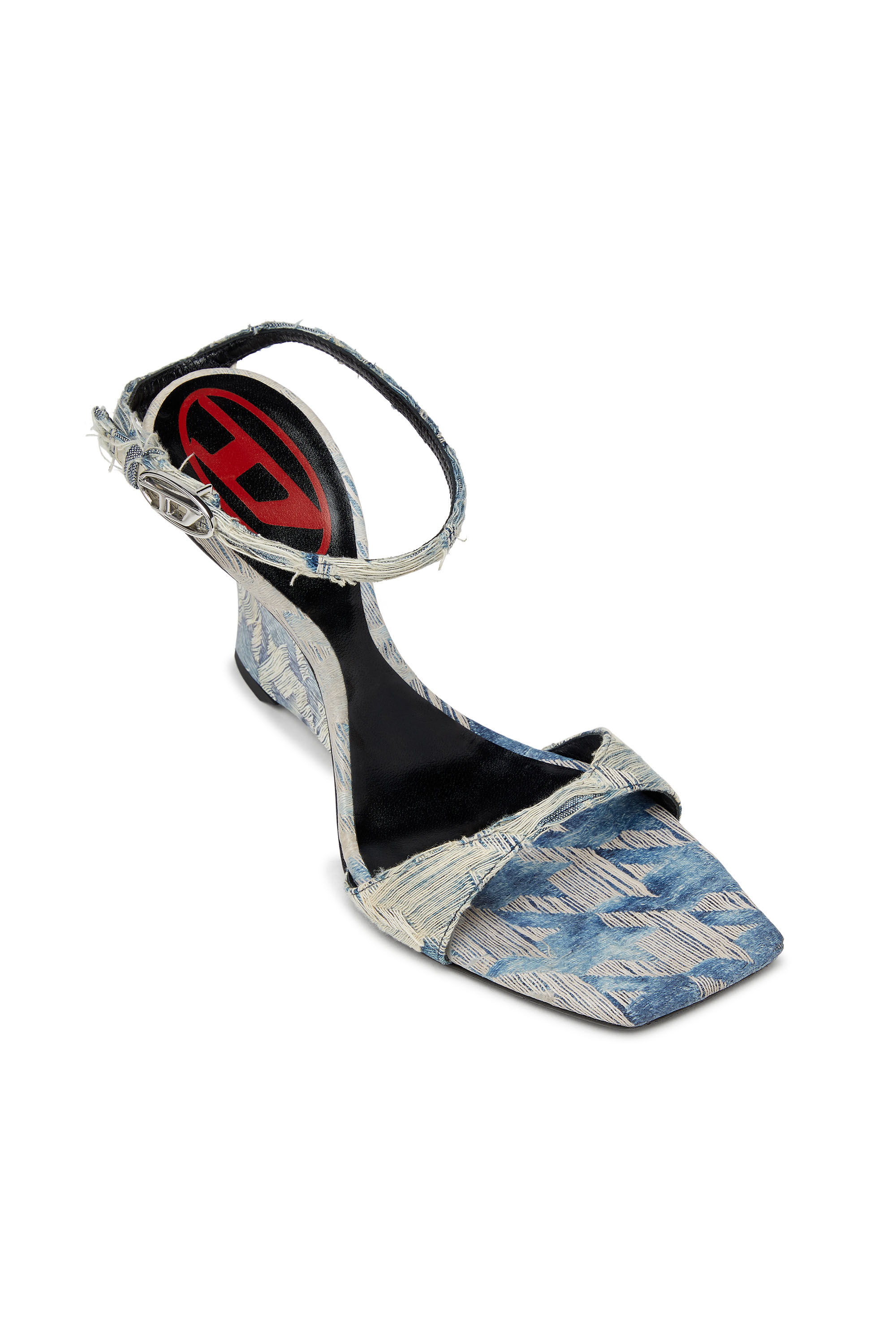Diesel - D-AMBER SANDAL WEDGE, Sandales à talons compensés en denim jacquard Femme in Bleu - 5