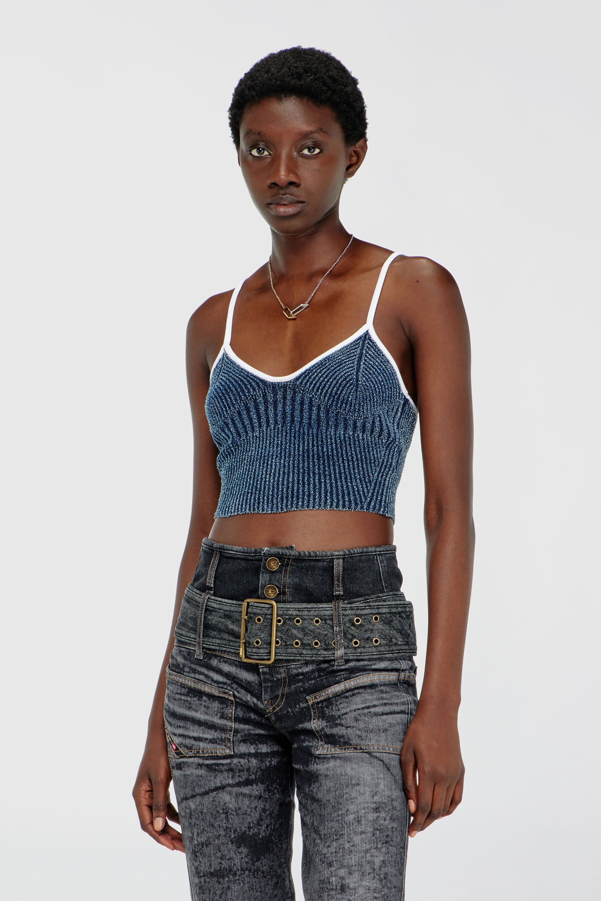 Diesel - M-ESTERE, Crop top in maglia boucl&eacute; indigo a costine Donna in Multicolor - 3