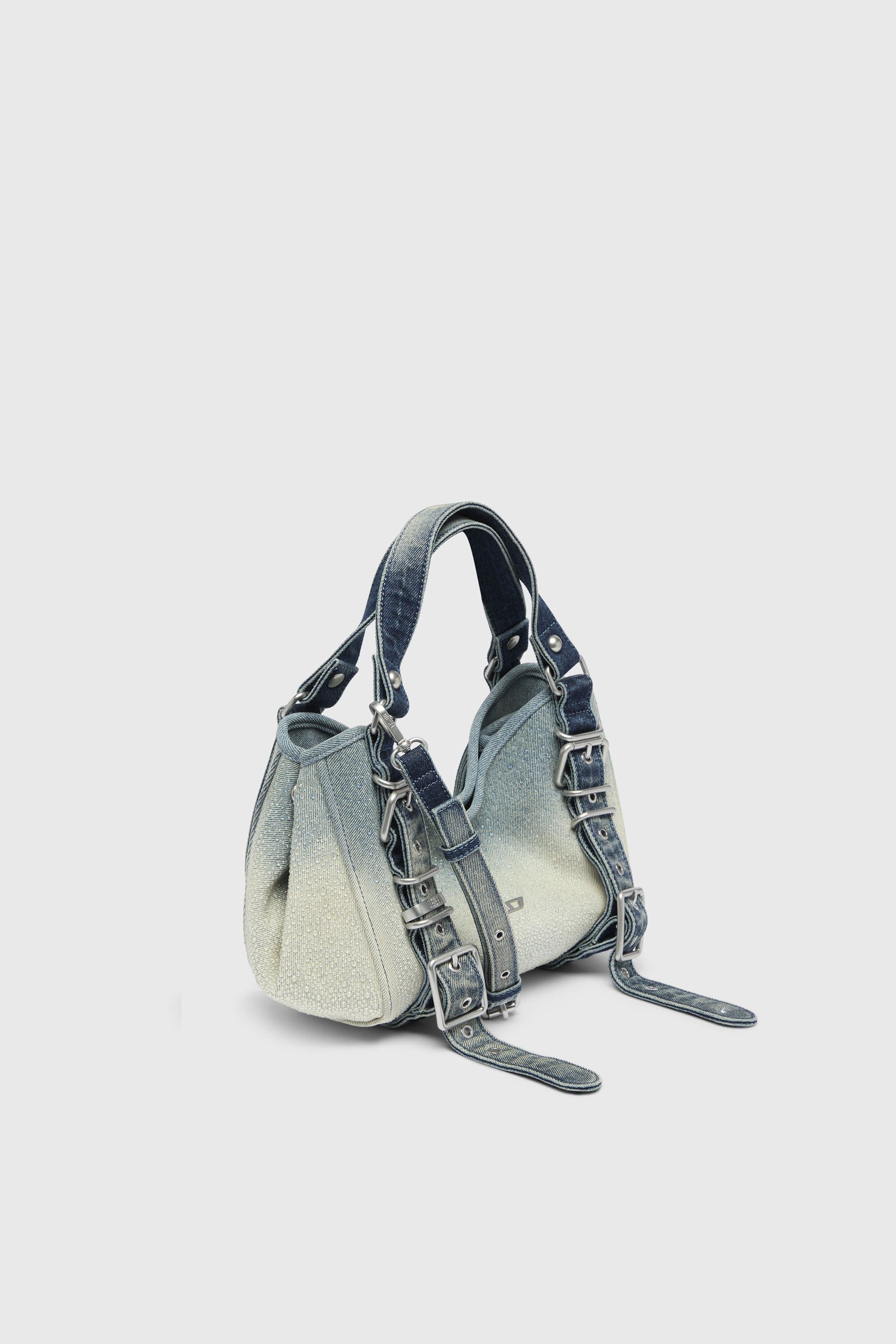 Diesel - D-ONE TOPHANDLE S, Damen D-One-Small Henkeltasche aus solarisiertem Denim mit Kristallen in Blau - 4