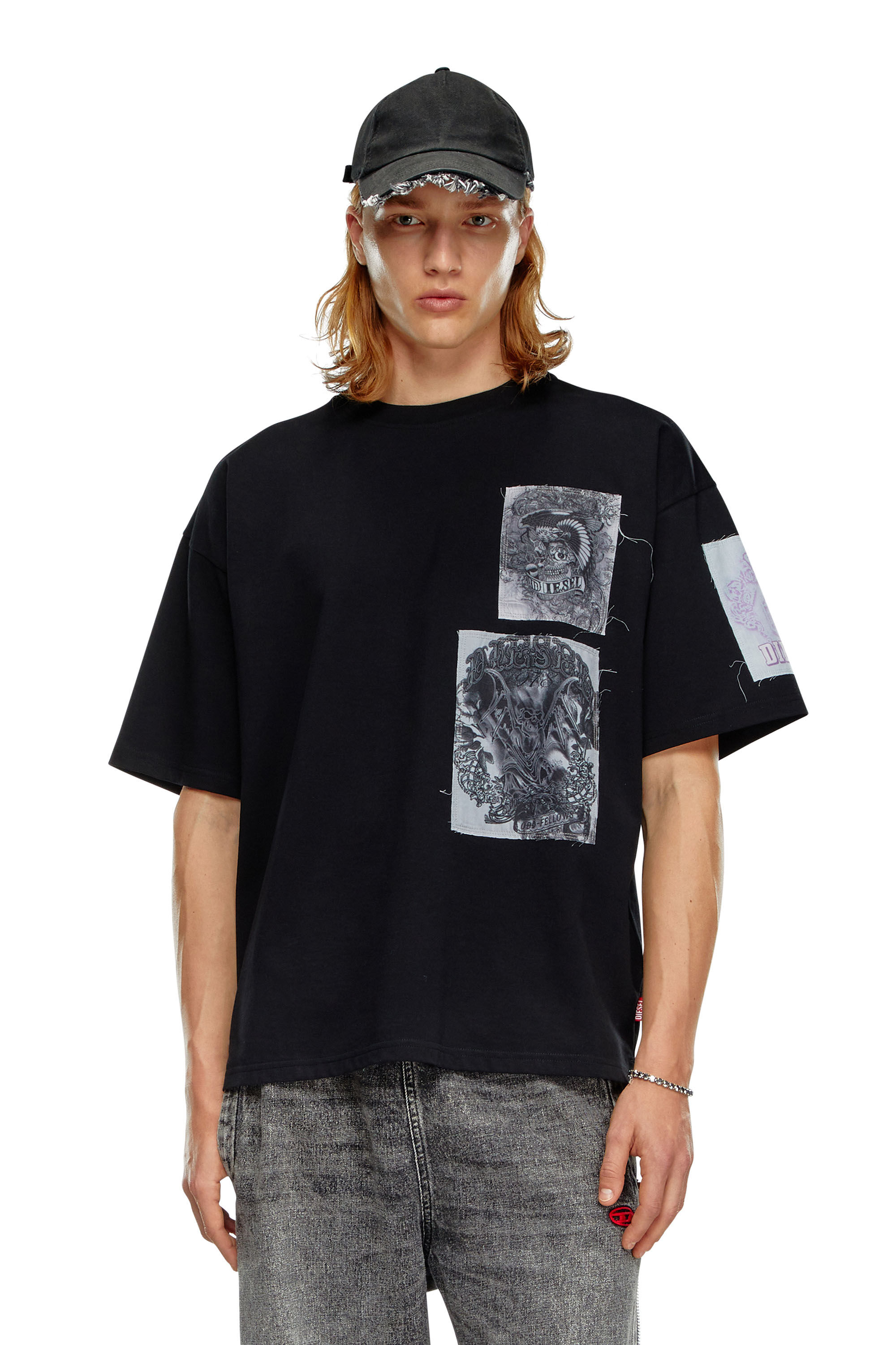 Diesel - T-BOXT-SLITS-Q10, Homme T-shirt avec empiècements imprimés coupés brut in Noir - Image 3