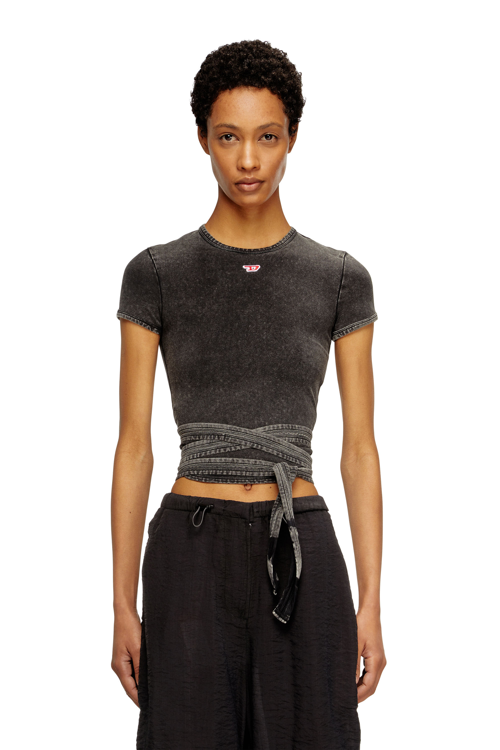 Diesel - T-BUNNY-TAIL-R1, T-shirt effetto denim con lacci incrociati Donna in Nero - 3