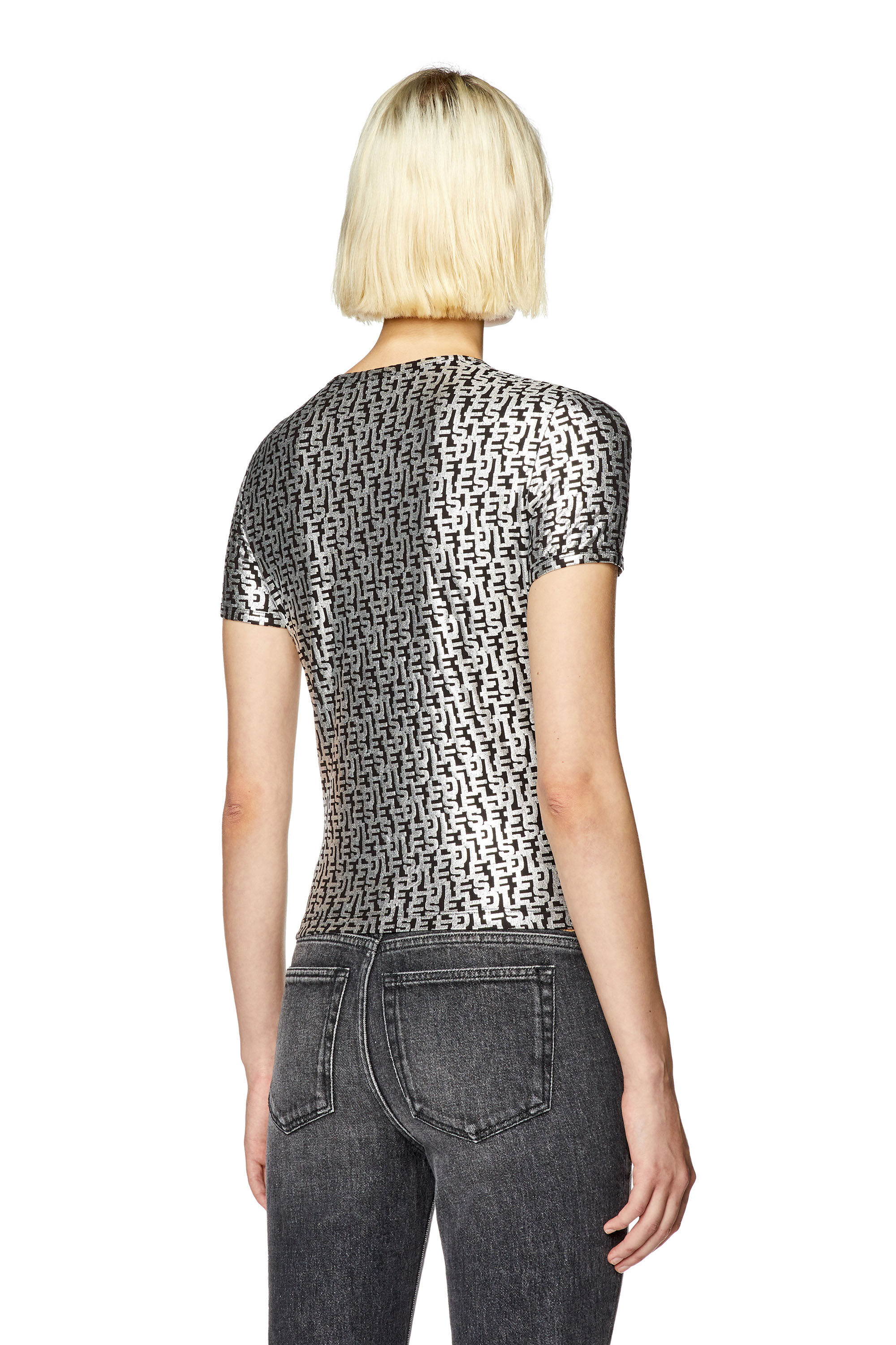 Diesel - T-UNCUTIE-LONG-L5, Woman's T-shirt with foil monogram print in Black/Grey - 4