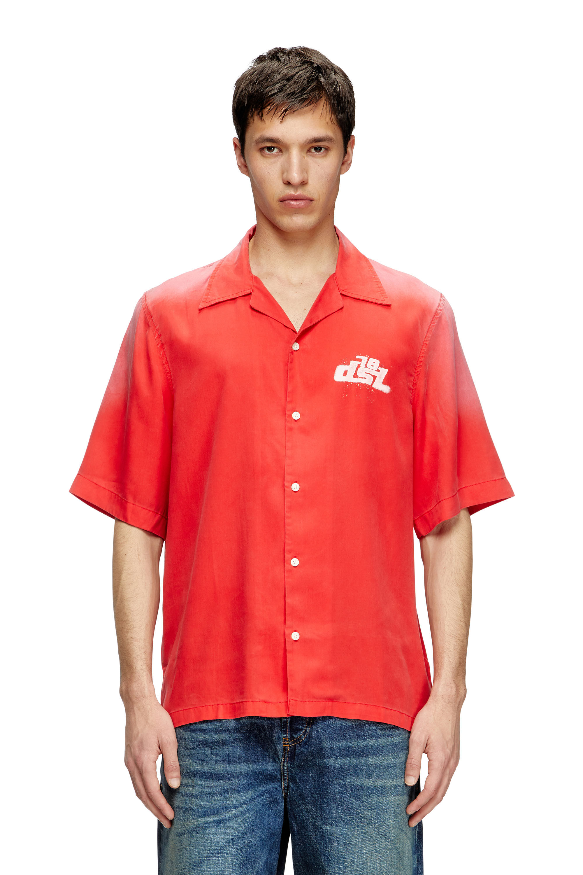 Diesel - S-ELLY, Herren Verblasstes Bowling-Hemd mit Logo-Prints in Rot - 2