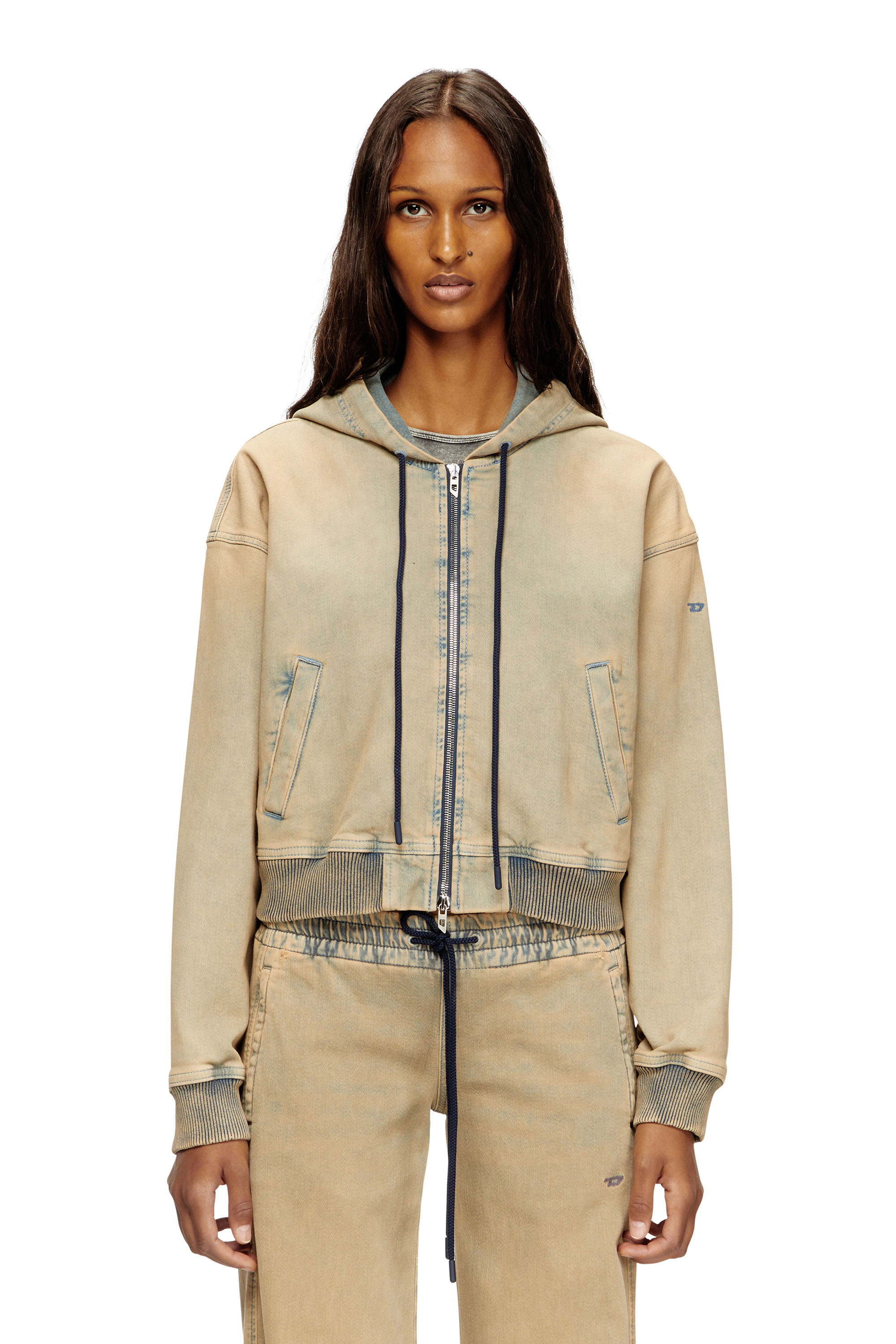 Diesel - DE-GIRI-CROP JOGG, Damen Reißverschluss-Kapuzenpullover aus farbigen JoggJeans in Beige/Blau - 1