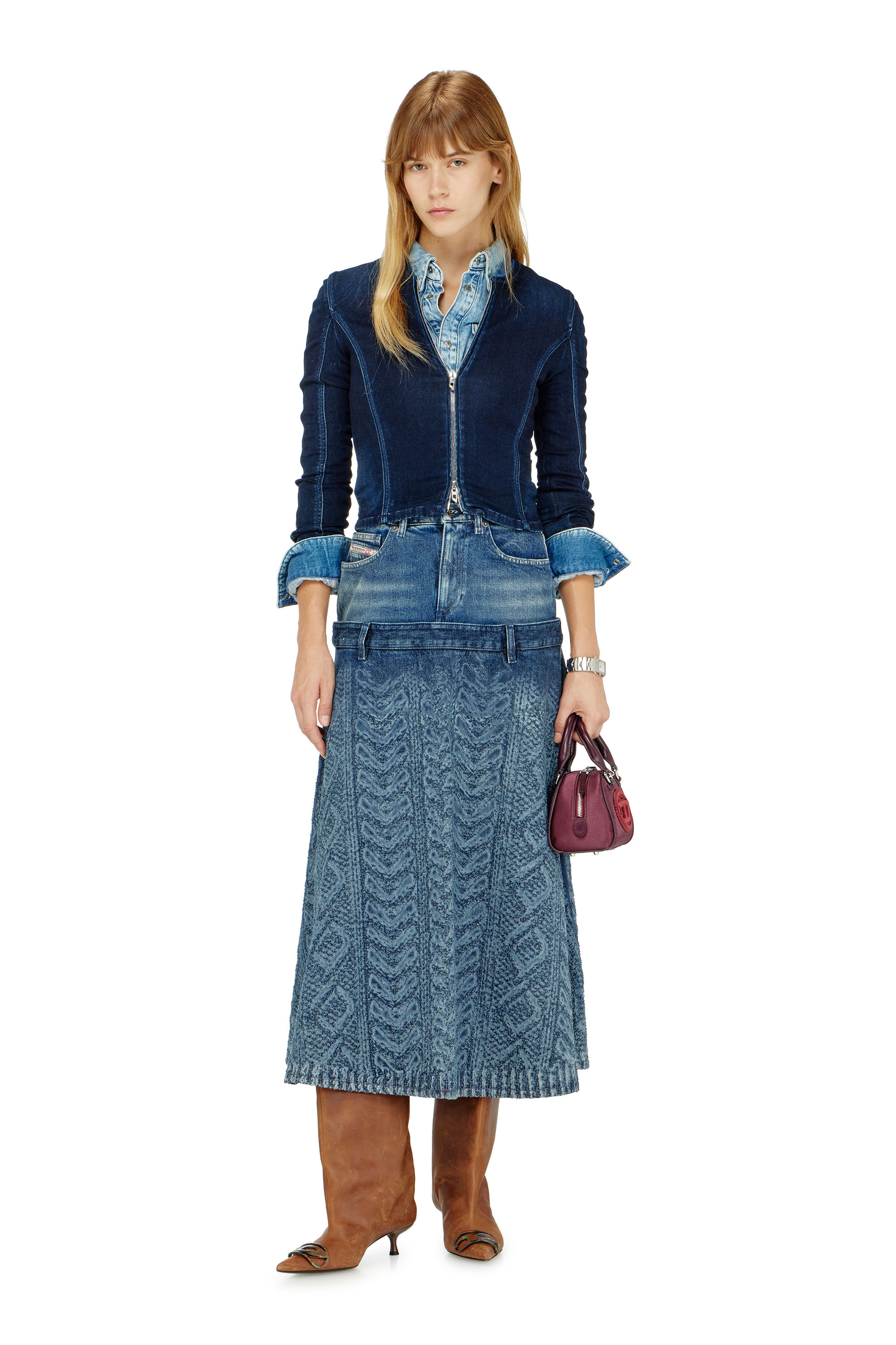Diesel - DE-VORYA-S1, Gonna midi in denim effetto maglia a trecce Donna in Blu - 1