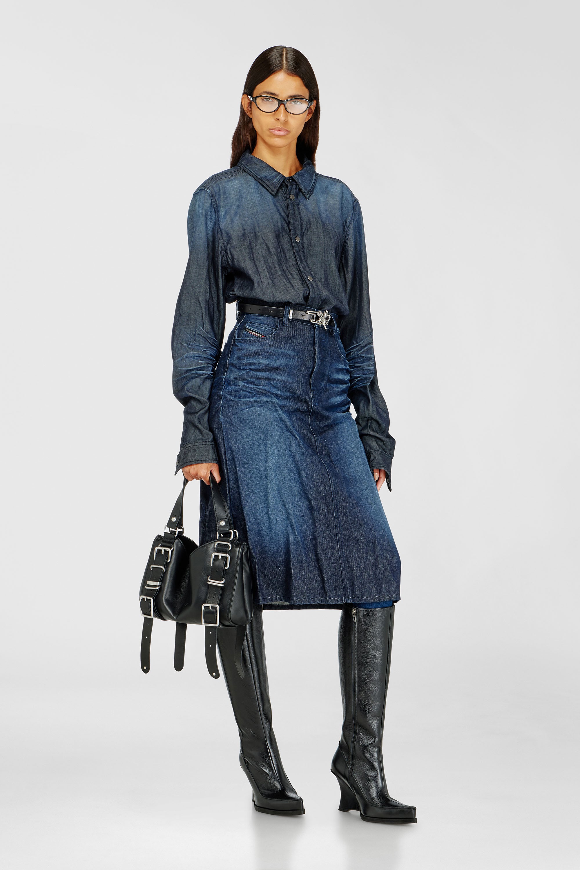 Diesel - DE-IRTI-FSJ, Jupe midi en denim froiss&eacute; Femme in Bleu - 1