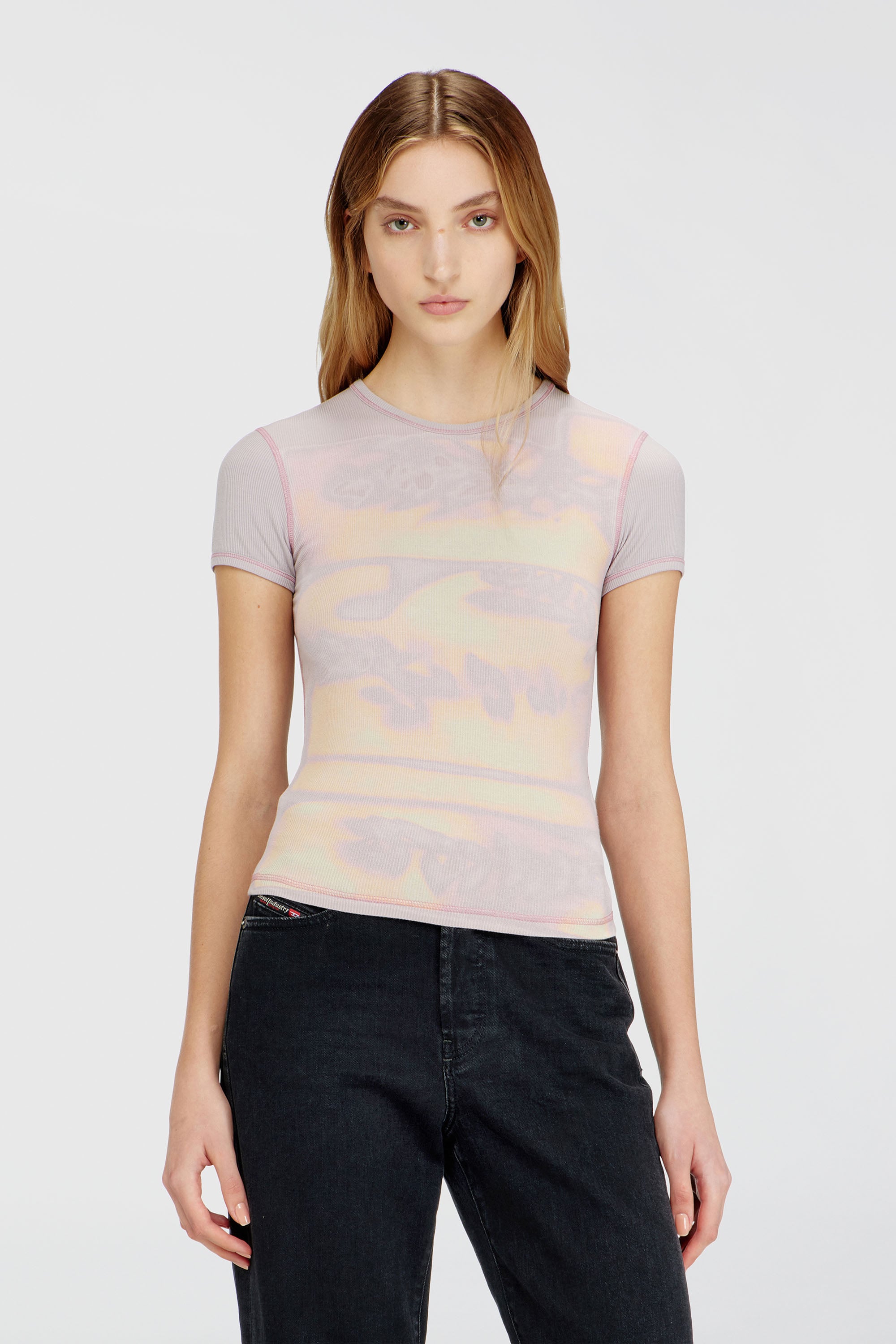 Diesel - T-ELE-LONG-AA1, Top aderente in jersey con stampa grafica Donna in Viola - 1