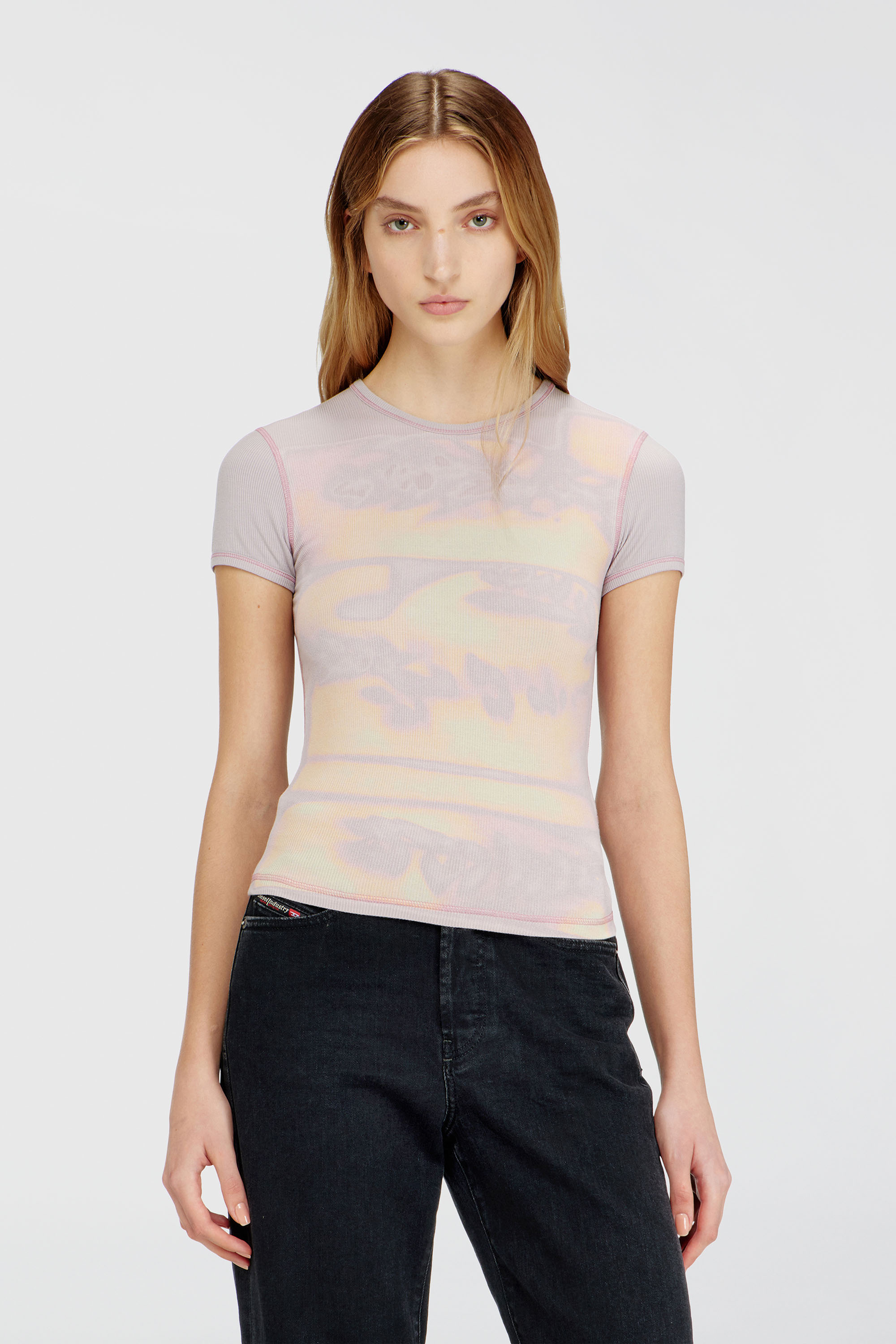 Diesel - T-ELE-LONG-AA1, Damen Schmal geschnittenes Jersey-Top mit Grafikdruck in Lila - 3