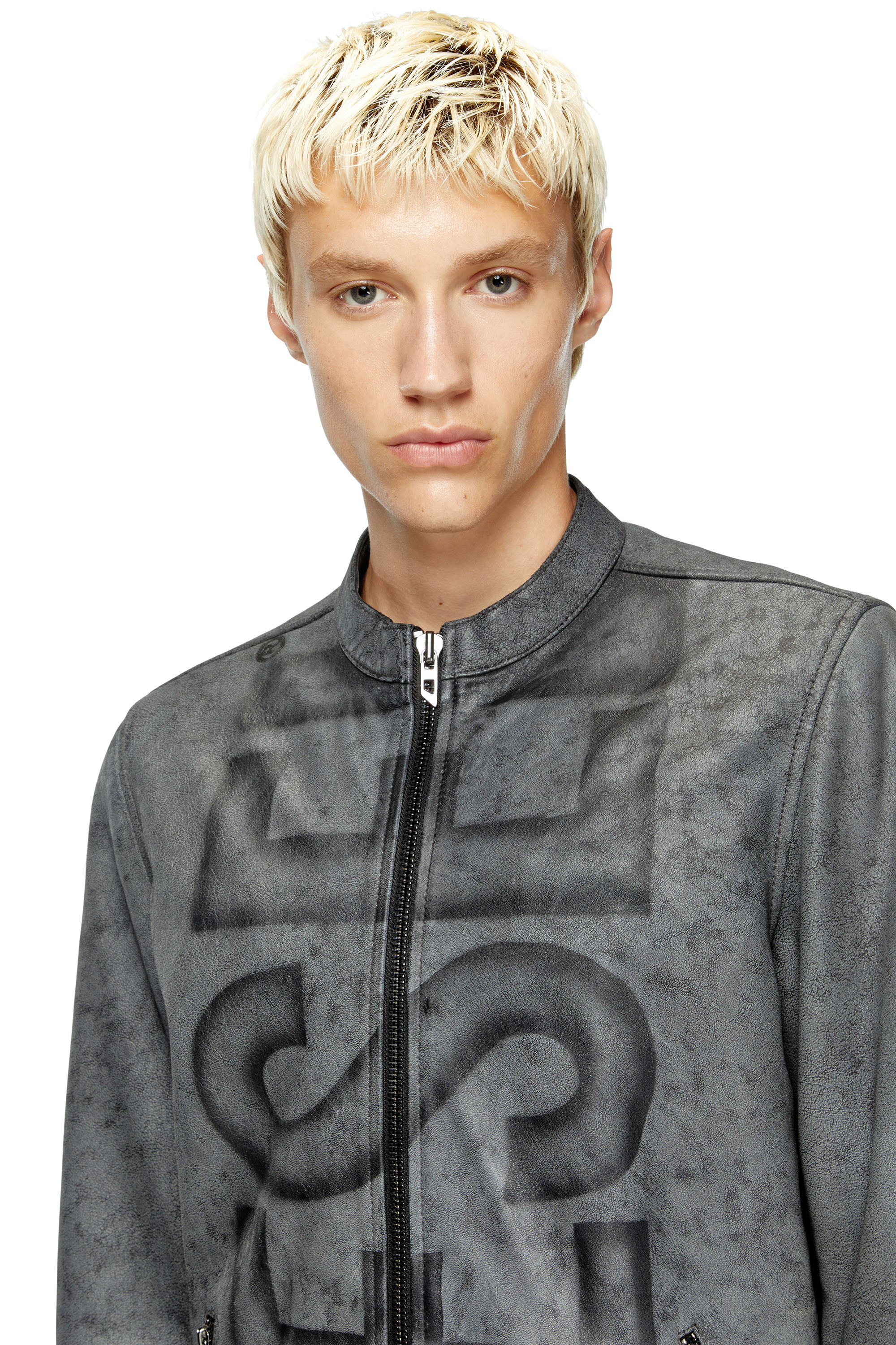 Diesel - L-EVERT-A, Giacca biker in pelle trattata con logo Uomo in Grigio - 5