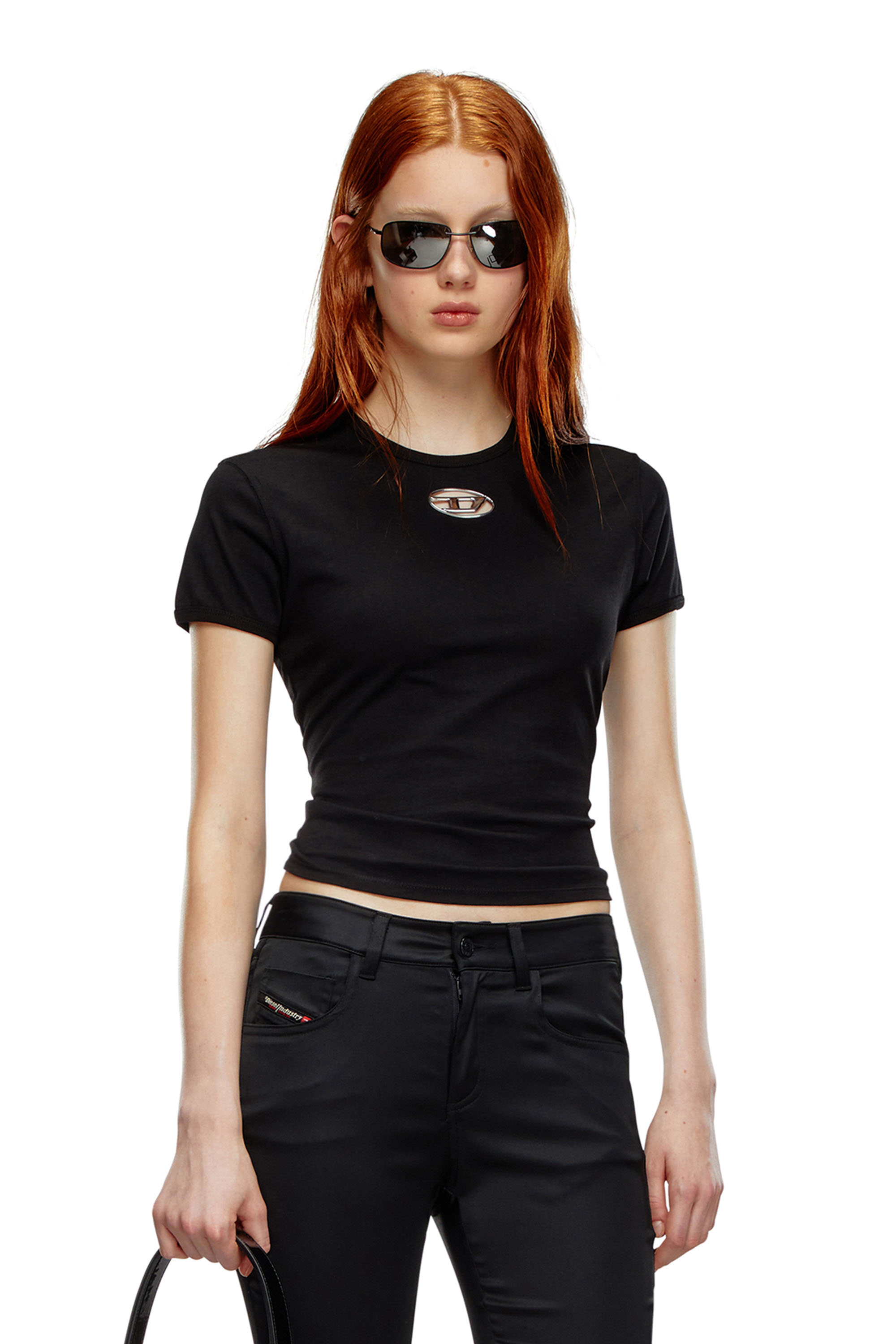 Diesel - T-UNCUTIE-LONG-OD, T-shirt avec Oval D moul&eacute; par injection Femme in Noir - 3