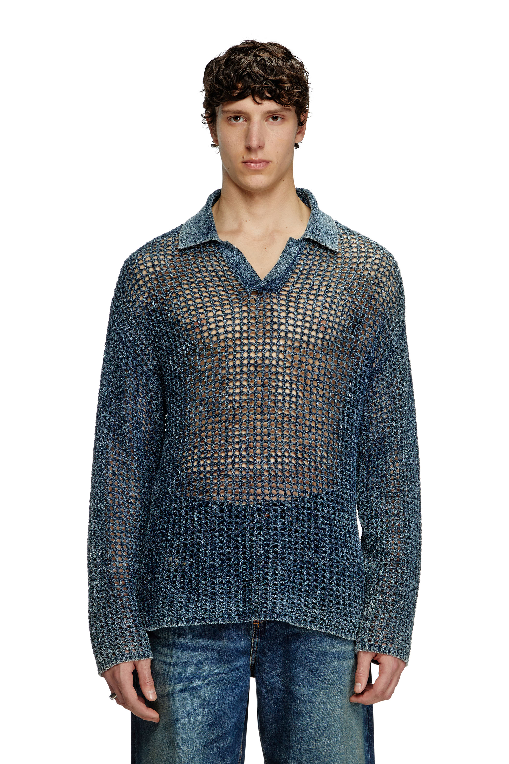 Diesel - K-SQUARED, Man's Open-knit polo jumper in denim yarn in Blue - 3
