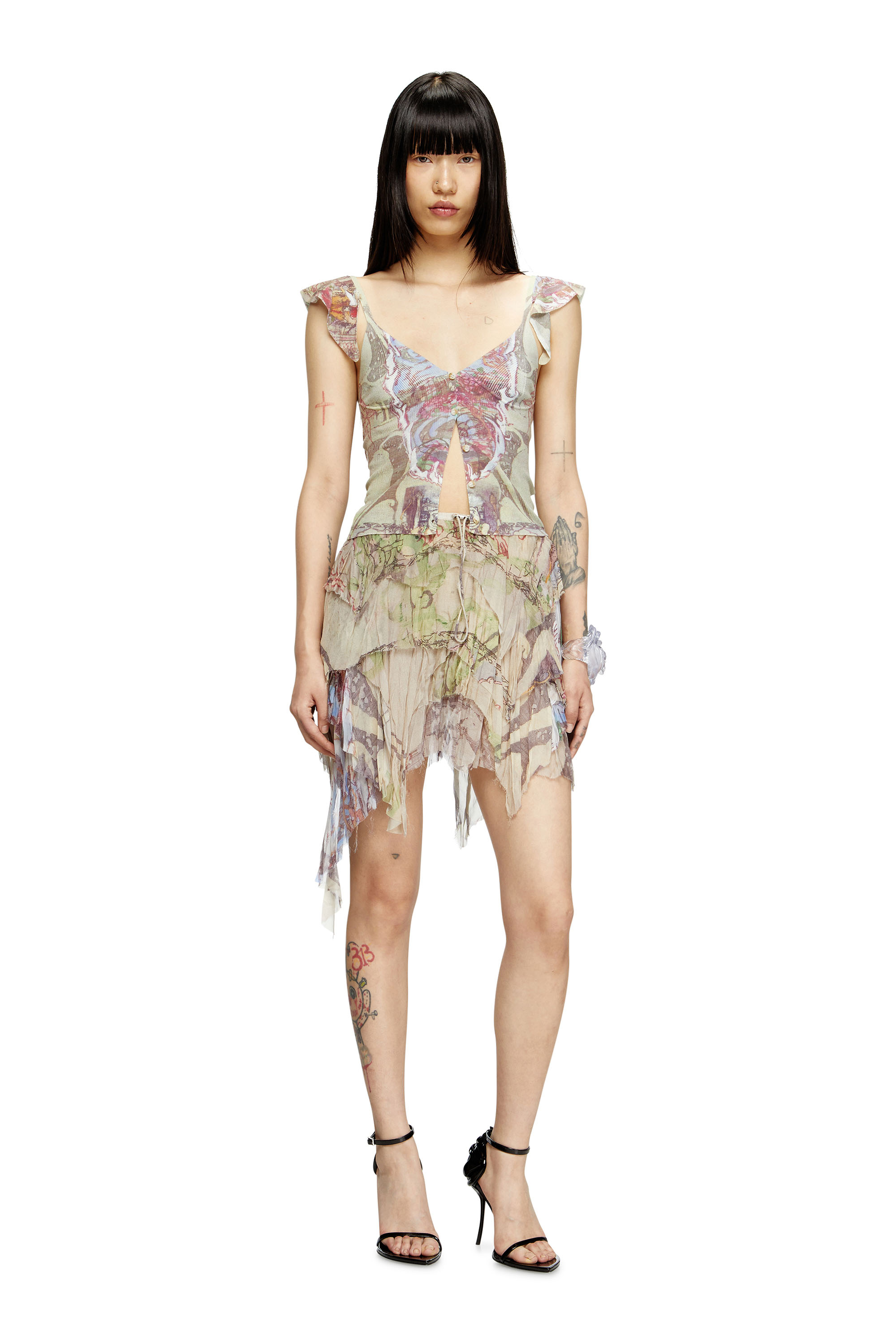 Diesel - M-FIORE, Top in maglia con ruches e stampa medievale Donna in Marrone - 2