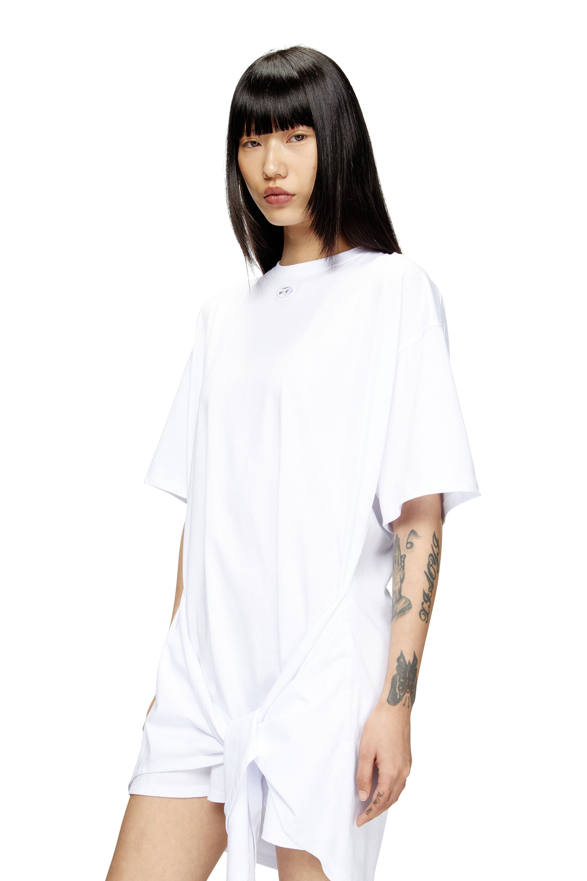 Diesel - D-EIVOR, Damen T-Shirt-Kleid mit Bindeband auf der Vorderseite in Wei&szlig; - 4