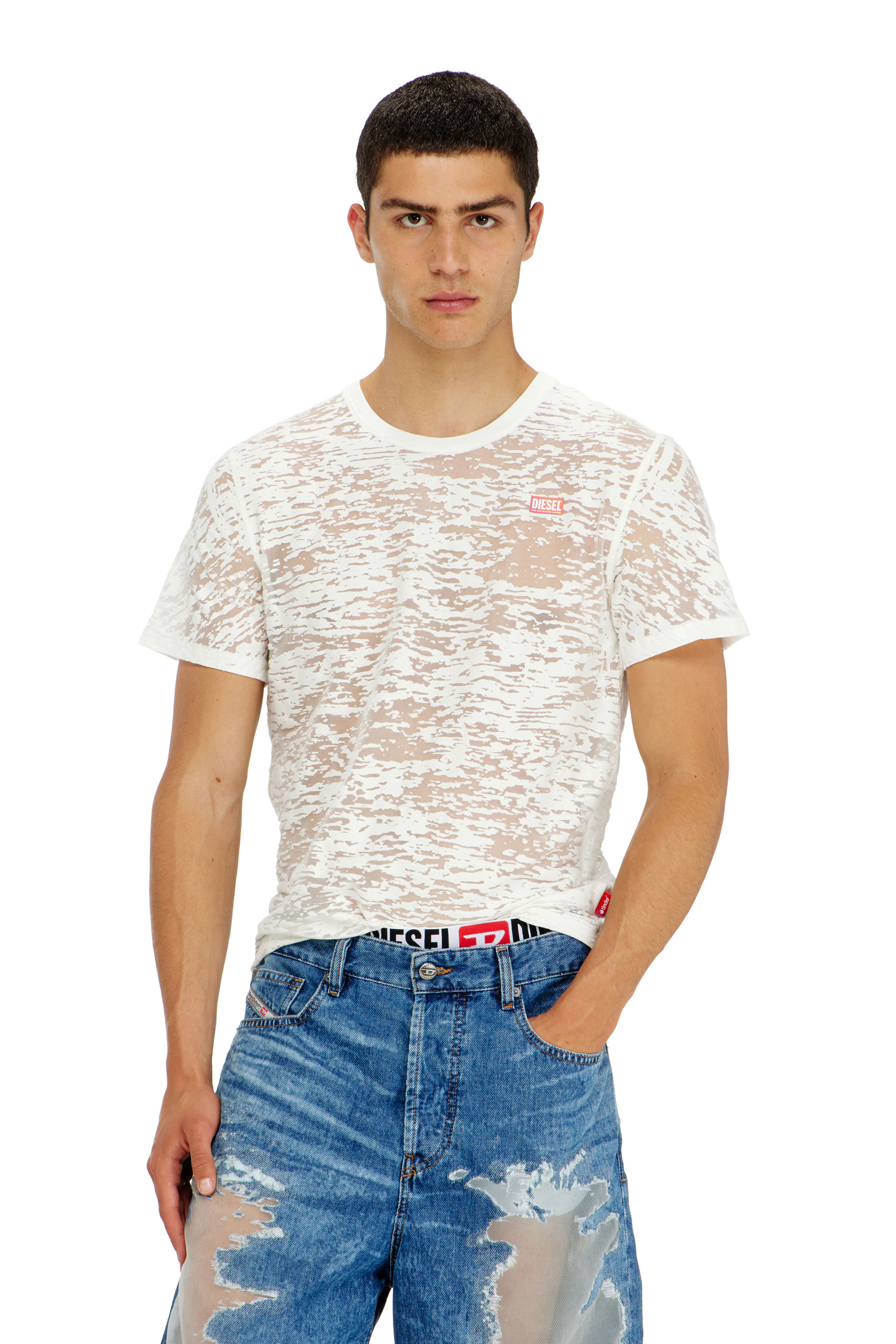 Diesel - PR-T-NOTS-MATI-R, T-shirt in jersey devor&eacute; all-over Unisex in Bianco - 3